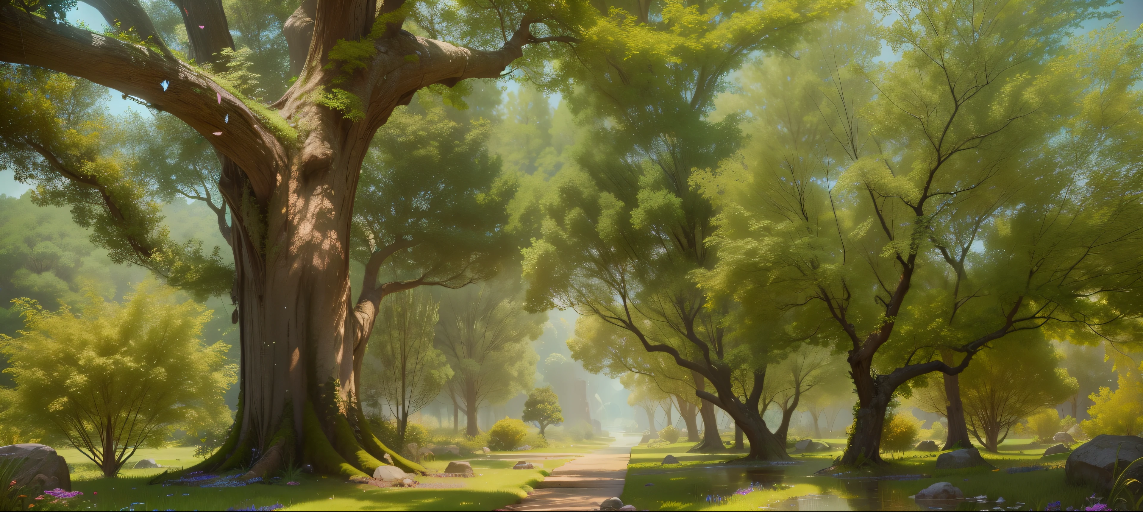 masterpiece, best quality, high quality, extremely detailed cg unity 8k wallpaper, an extremely colorful and purely fantasy environment with vibrant hues and a bright night sky, sky full of stars, landscape of bright green grass, colorful trees, glittering fruits, and bright glowing blue flowers. the streams are a deep shade of black, and the air is filled with sweet exotic scents. the environment appears to be taken out of a dream, with luminescent butterflies and giant colorful birds flying around, award winning photography, bokeh, depth of field, hdr, bloom, chromatic aberration ,photorealistic,extremely detailed, trending on artstation, trending on cgsociety, intricate, high detail, dramatic, art by midjourney