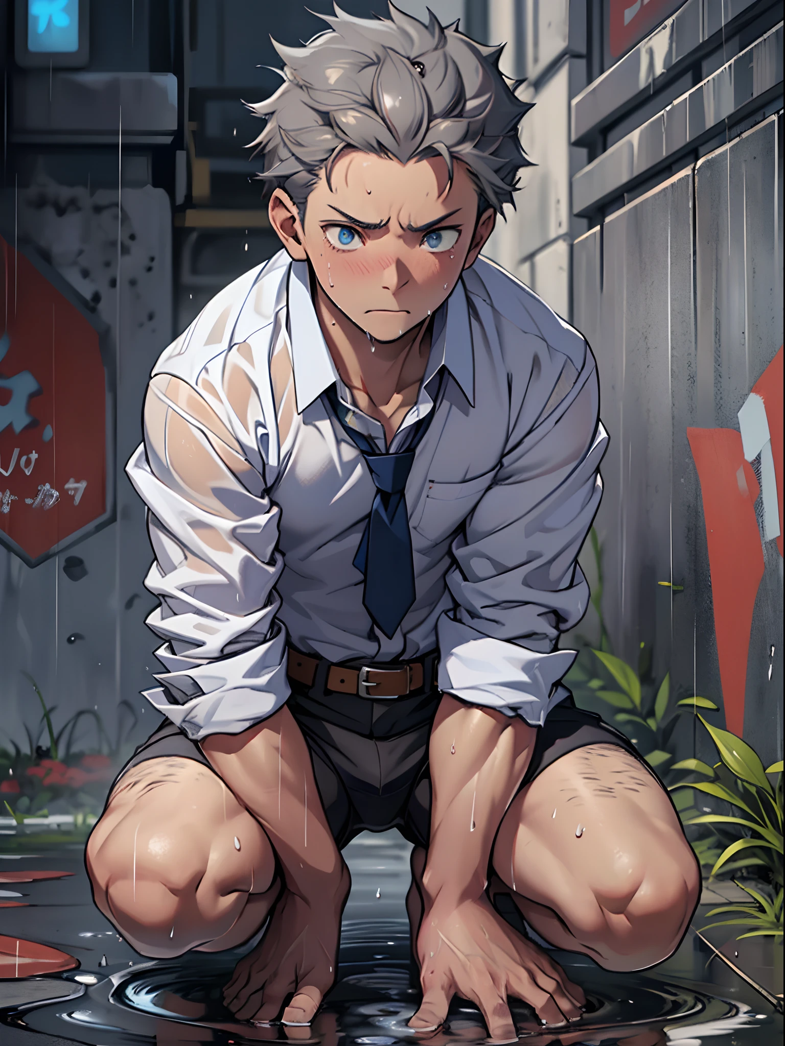 (1 Adult male),A high resolution, Sharp focus, Pixiv masterpiece, ((Complicated details)), highly detailed, natsuki_subaru, 1 man,Defeat, crestfallen,full bodyesbian,kneels on the ground, Sweaty crotch,Pee on the legs,pissing,Urine runs down the thighs,embarressed,exhilarated,is shocked,panicking,worry,A small puddle of their own urine forms around the feet,Urine runs down the crotch,Drenched,rain,The shirt is soaked,(A gesture of pleading),blue color eyes(eyes glowing), Short gray hair,white shirt,Wear a tie,Wear a belt,perspire,look from down