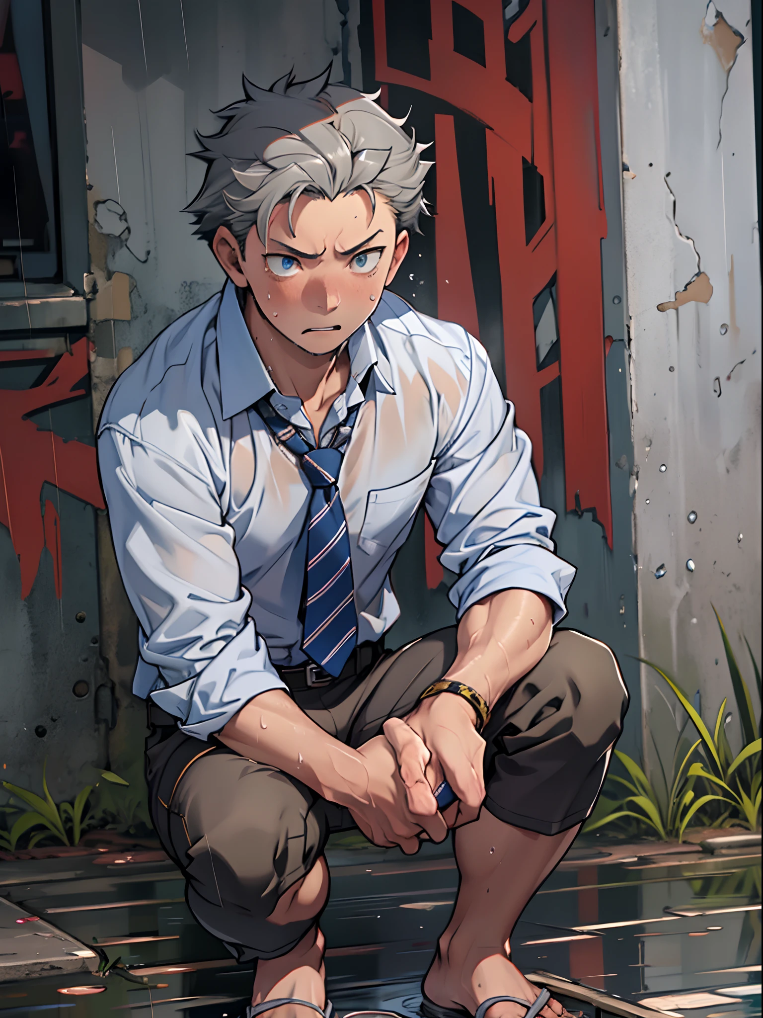 （1 Adult male），A high resolution， Sharp focus， Pixiv masterpiece， （（Complicated details））， highly  detailed， natsuki_subaru， 1 man，Defeat， crestfallen，full bodyesbian，kneels on the ground， Sweaty crotch，Pee on the legs，pissing，Urine runs down the thighs，embarressed，exhilarated，is shocked，panicking，worry，A small puddle of their own urine forms around the feet，Urine runs down the crotch，Drenched，rain，The shirt is soaked，（A gesture of pleading），blue color eyes（eyes glowing）， Short gray hair，white  shirt，Wear a tie，Wear a belt，perspire，look from down