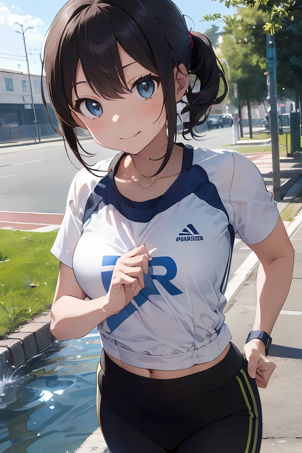 masutepiece, Best Quality, 8K_Wallpaper, (Beautiful eyes), ((Cute)), Cute, (lovely), (Park on a sunny day),1girl in,small tits,1 schoolgirl,Standing Girl,Smile,facial close-up、portlate(((Do a marathon)))、(((Jogging)))、((Athletics uniforms、half-pants))、Running in front of the water supply point、