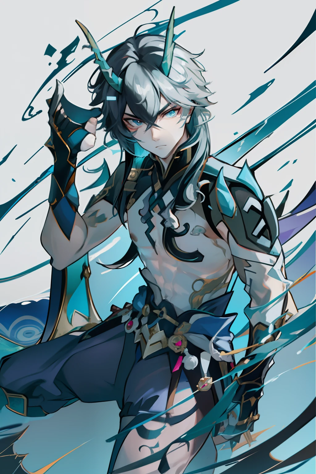 （absurderes，A high resolution，Hyper-detailing，hdr），Dragon's horn，younge boy，tmasterpiece，best qualtiy，1人，独奏，Handsome，Golden eyes，Fine eyes and detailed face，toppless，Tattooed with，arma，Indifferent and arrogant，Abs，chest muscle，Raised sexy，Ruffian，Show your temperament，Male，masculine appeal，Male characteristics are distinct，Long messy hair，Arrogant，self-assured，Majestically holding a spear，Legs crossed，white pantie，supreme，Lazy，Handsome，