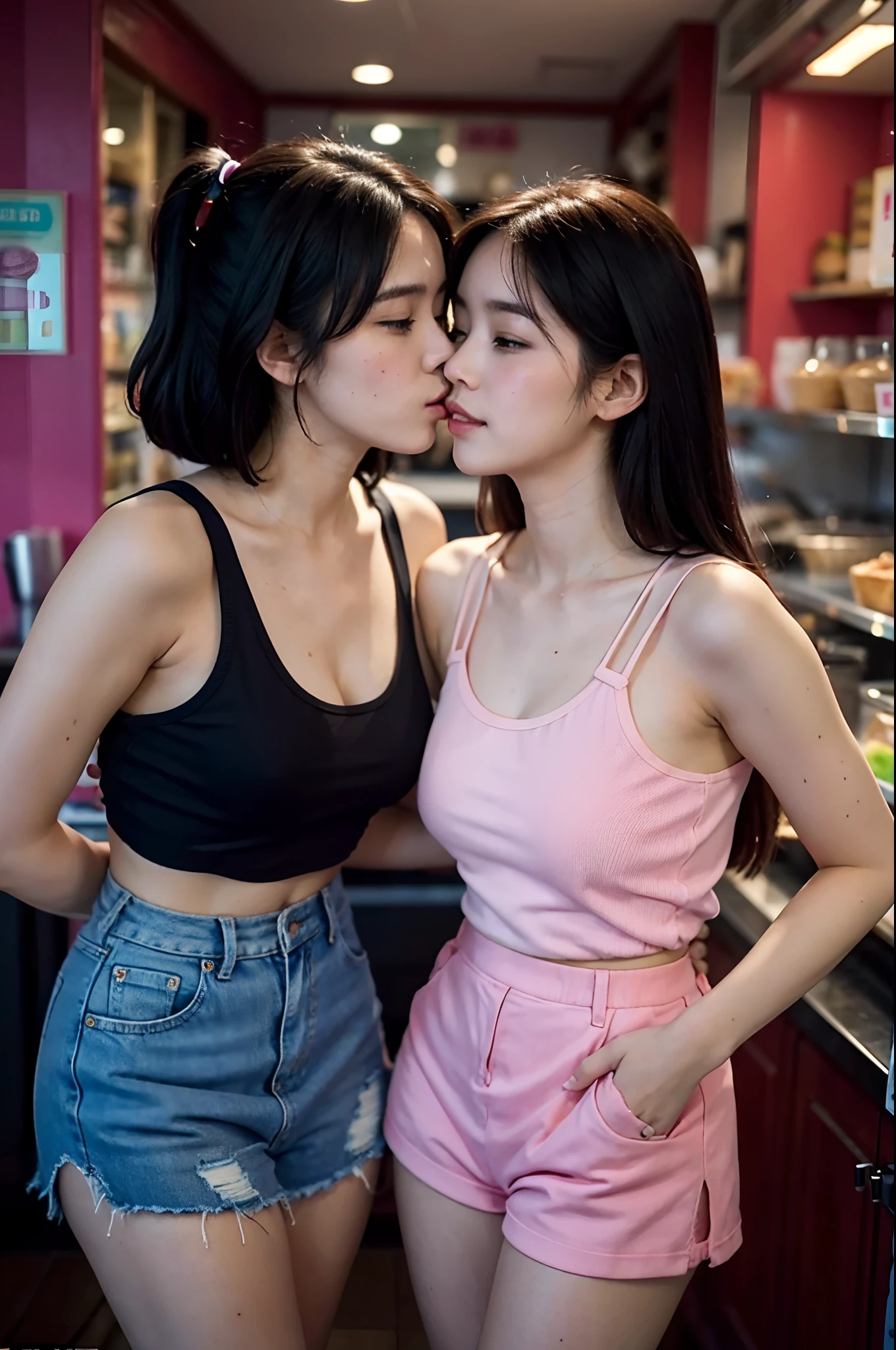 2 women having fun in the ice cream shop, lewd:1,2, hentai:1,2, NSFW:1,2, lesbian yuri:1,2, kissing, blushing, wearing tank tops and skirts