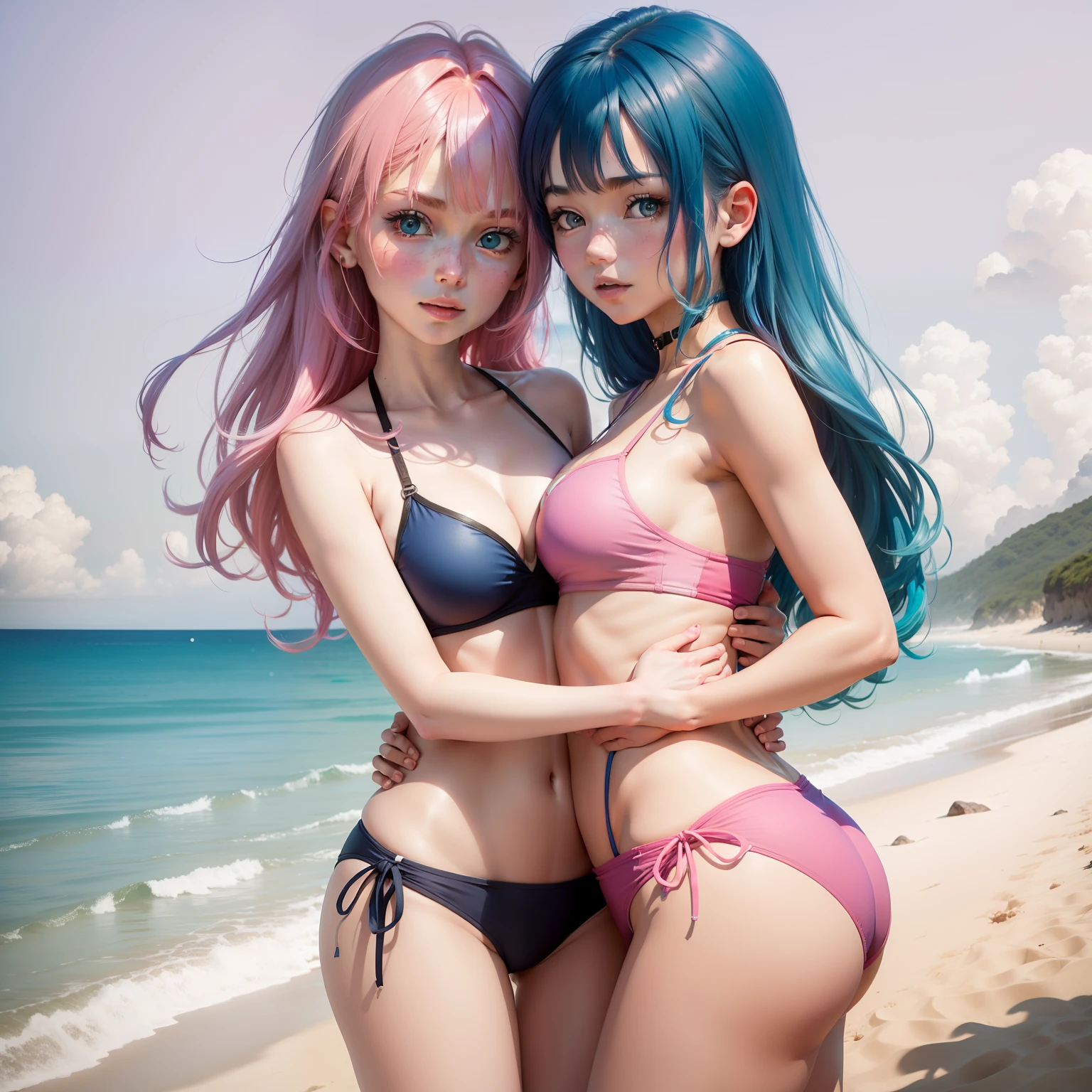 A blue-haired girl and a pink-haired girl hugged each other，They were all wearing swimsuits，Looks shy，There is sea and sandy beach，And the moon