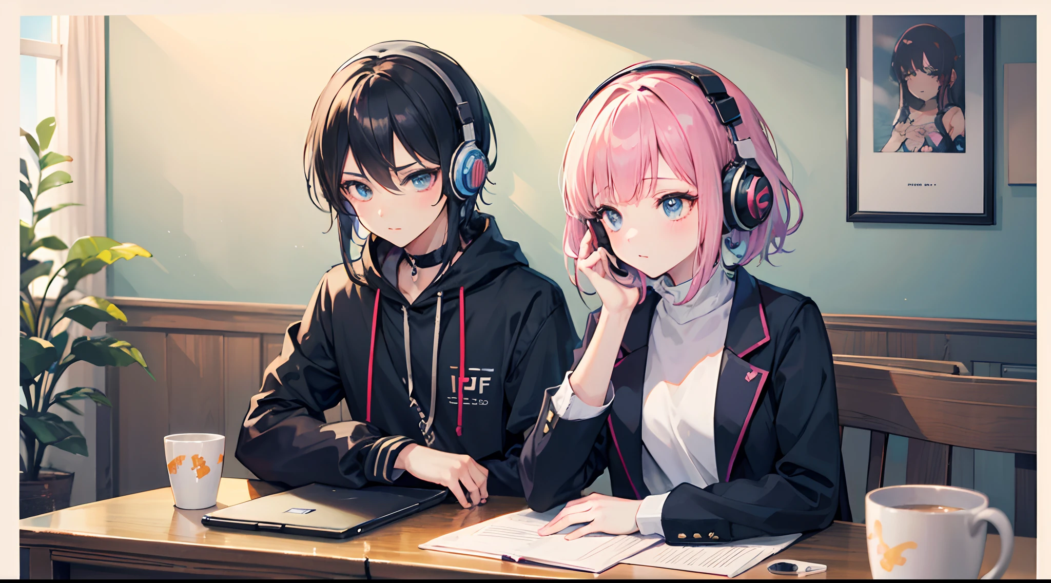 Anime girl with headphones sitting at table，There is a laptop，lofi-girl，Loepfe Art Style，lofi art，lofi vibes，lofi feel，Loepfe hip hop，lo fi，Chill jump，lofi girl aesthetic，lofi portrait，lofi vibe，Loepfe colors，Anime vibes，lofi aesthetics ,couple，Handsome boy,A boy and a girl take a group photo