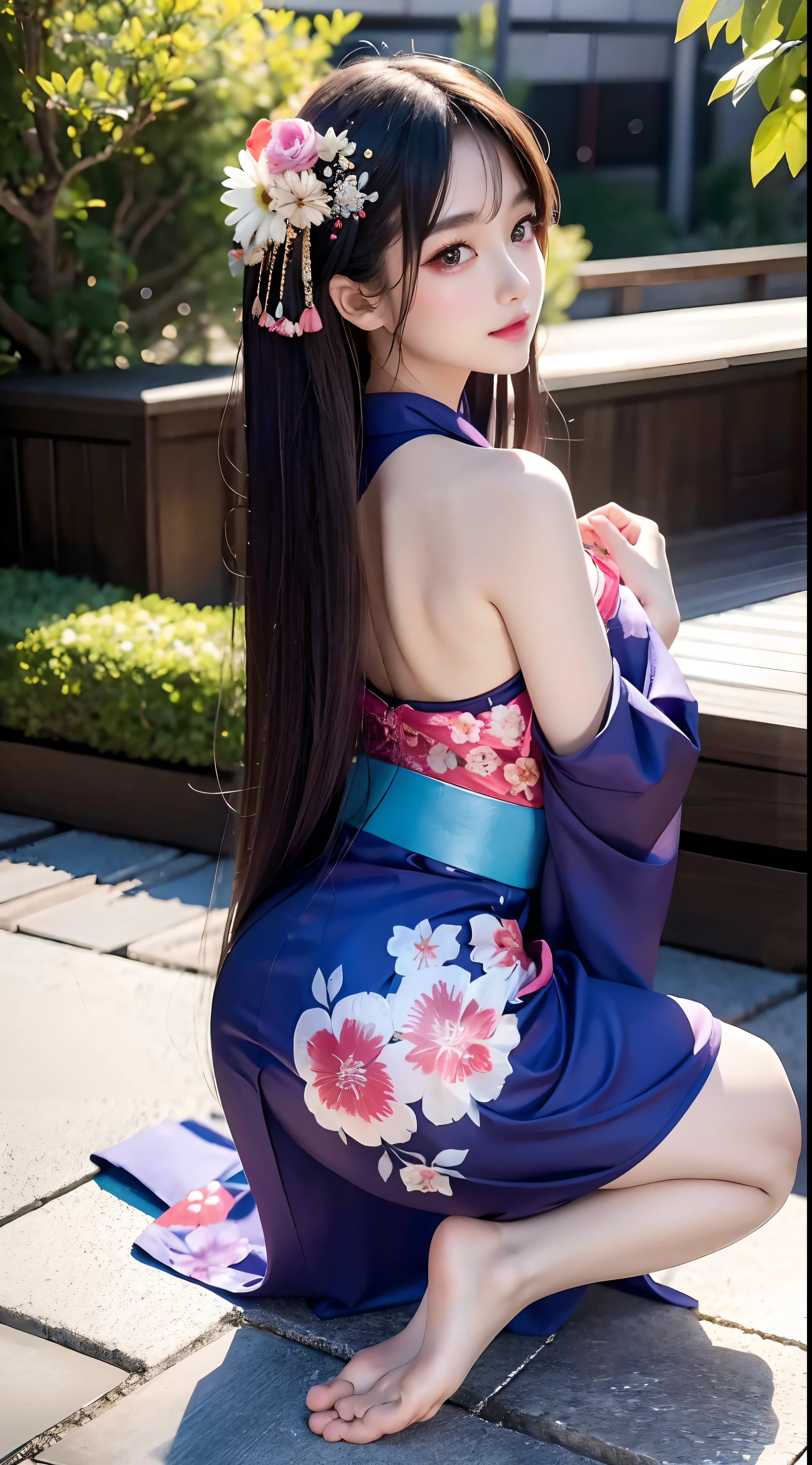 4K Ultra HD, Masterpiece, Cute little girl s, Nice face, Detailed Eyes, Liquid Lipstick, Long hair, Hair spreads, necklaces, Beautiful yukata, Short Yukata, floral pattern, highlights, lighting effects, glittering, realistic background, Japan's Natural Background, blossom, sunlights, mountains, Full-body capture, You can see bare feet, Pretty legs, I can see the panties, Open Shoulder, Brighten face, Look from behind