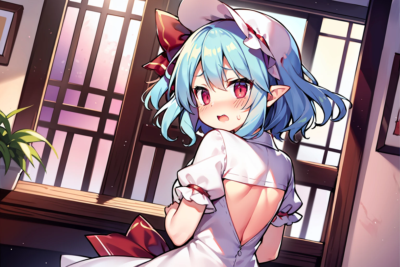 remilia scarlet、embarrassed from、blushed face、((Squat facing back))、(turned around)、Dress style shirt、shortsleeves、小柄