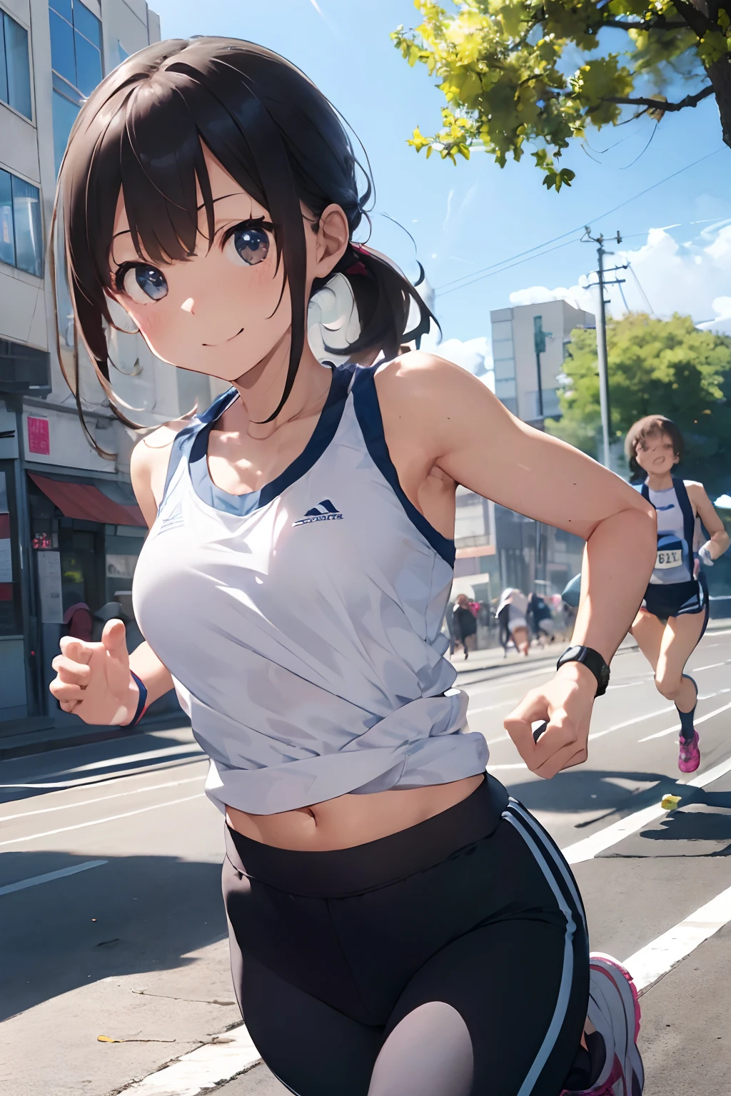 masutepiece, Best Quality, 8K_Wallpaper, (Beautiful eyes), ((Cute)), Cute, (lovely), (Park on a sunny day),1girl in,small tits,1 schoolgirl,Standing Girl,Smile,facial close-up、portlate(((Do a marathon)))、(((Jogging)))、((Athletics uniforms、half-pants、Tank tops))、