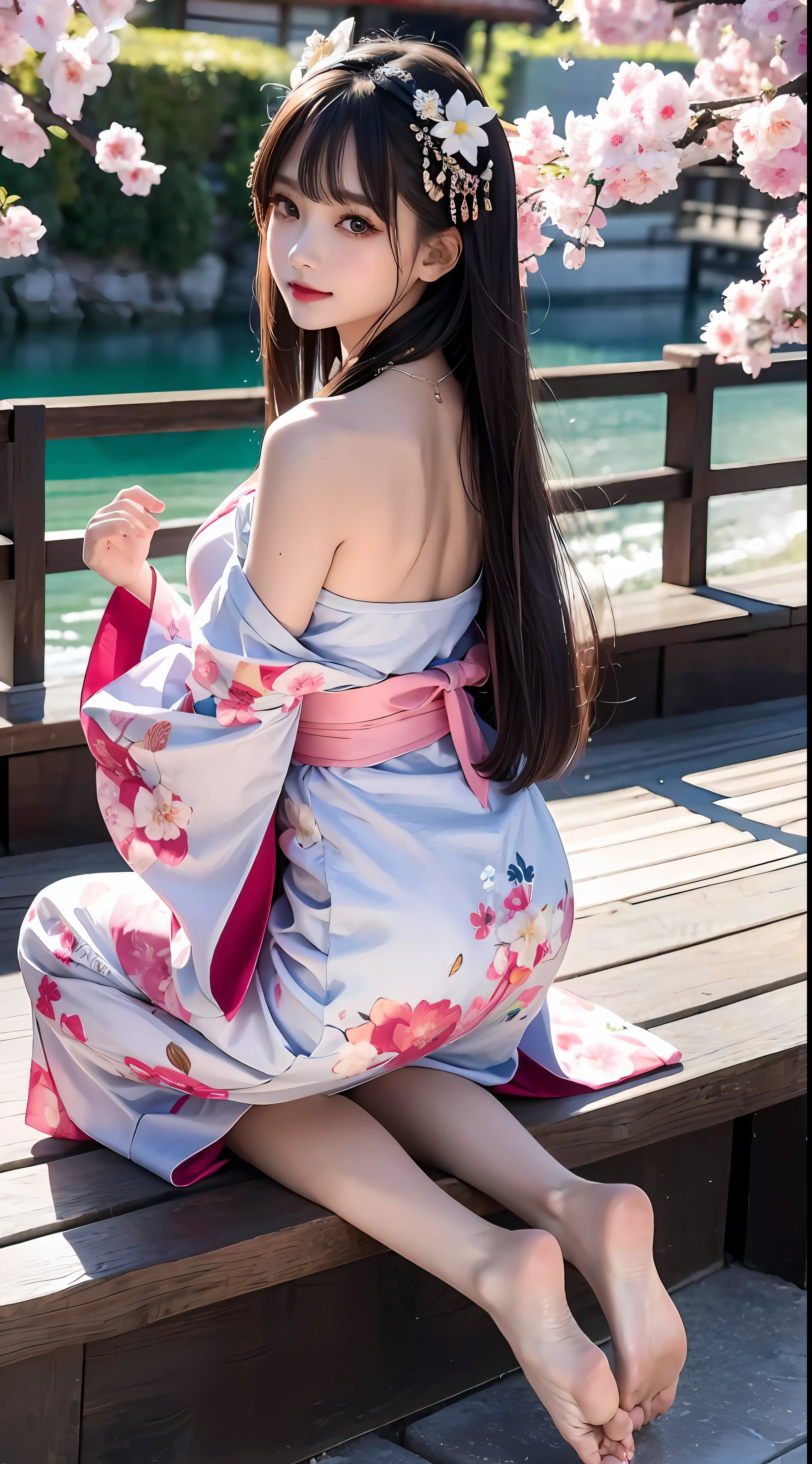 4K Ultra HD, Masterpiece,  s, Nice face, Detailed Eyes, Liquid Lipstick, Long hair, Hair spreads, necklaces, Beautiful yukata, Short Yukata, floral pattern, highlights, lighting effects, glittering, realistic background, Japan's Natural Background, blossom, sunlights, mountains, Full-body capture, You can see bare feet, Pretty legs, I can see the panties, Open Shoulder, Brighten face, Look from behind