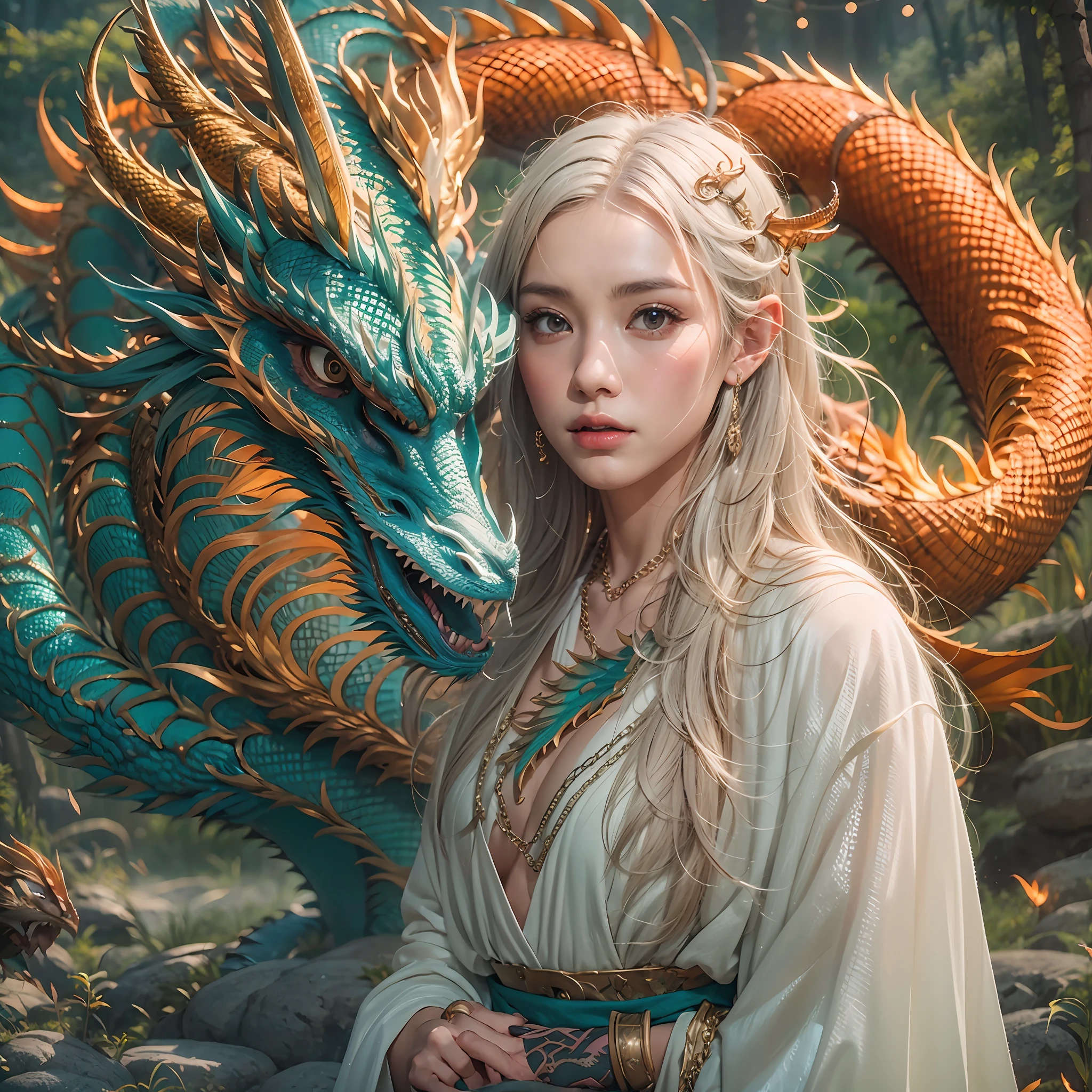 A girl and a dragon,Rainbow Dragon, ((The girl wears a robe)),(He was covered in chain mail:1.4),(Cloth trousers:1.2),(Chain mail has a dragon scale pattern),Perfect facial features,delicated face,long whitr hair, As graceful as a swan, wisdom, mod, Rainbow Dragon,scutes, banya, 火焰, Wings, dragon claw,Dragon protects girl,In the background is an ancient forest, Mysterious connection, Aegis, Trust,Realistic image quality,photorealestic,8K,best qualtiy,tmasterpiece,movie-level quality,High chiaroscuro,rendering by octane