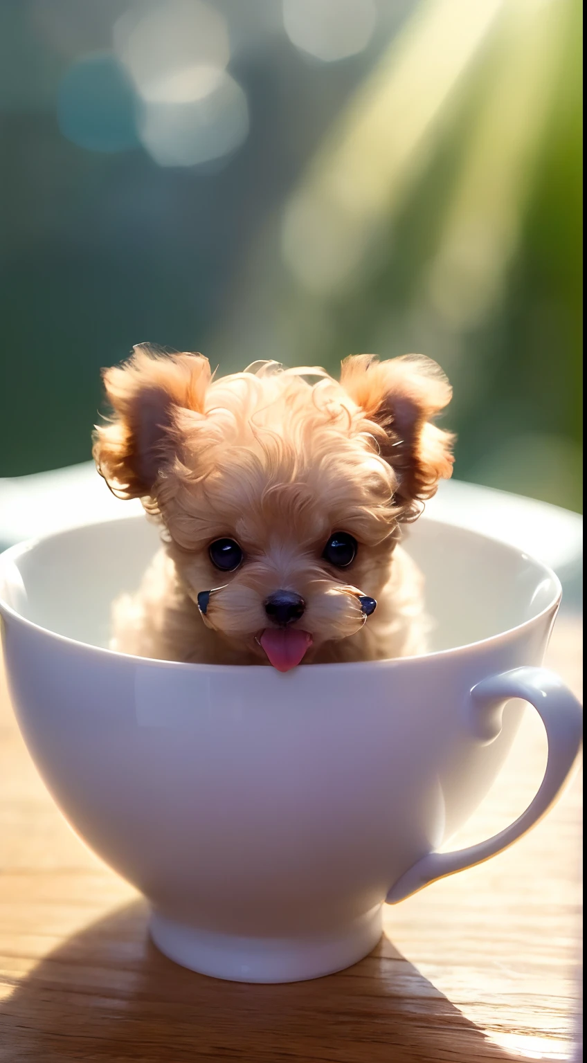 Toy poodle in white, (((((small)))), in a teacup, showing face, sticking out tongue, sticking out of the paw, 8k, professional photo, delicate, clear, on the table, in the house, sunshine, light leak, masterpiece, ((pretty)))), stylish teacup, (reality)))), mokomoko
