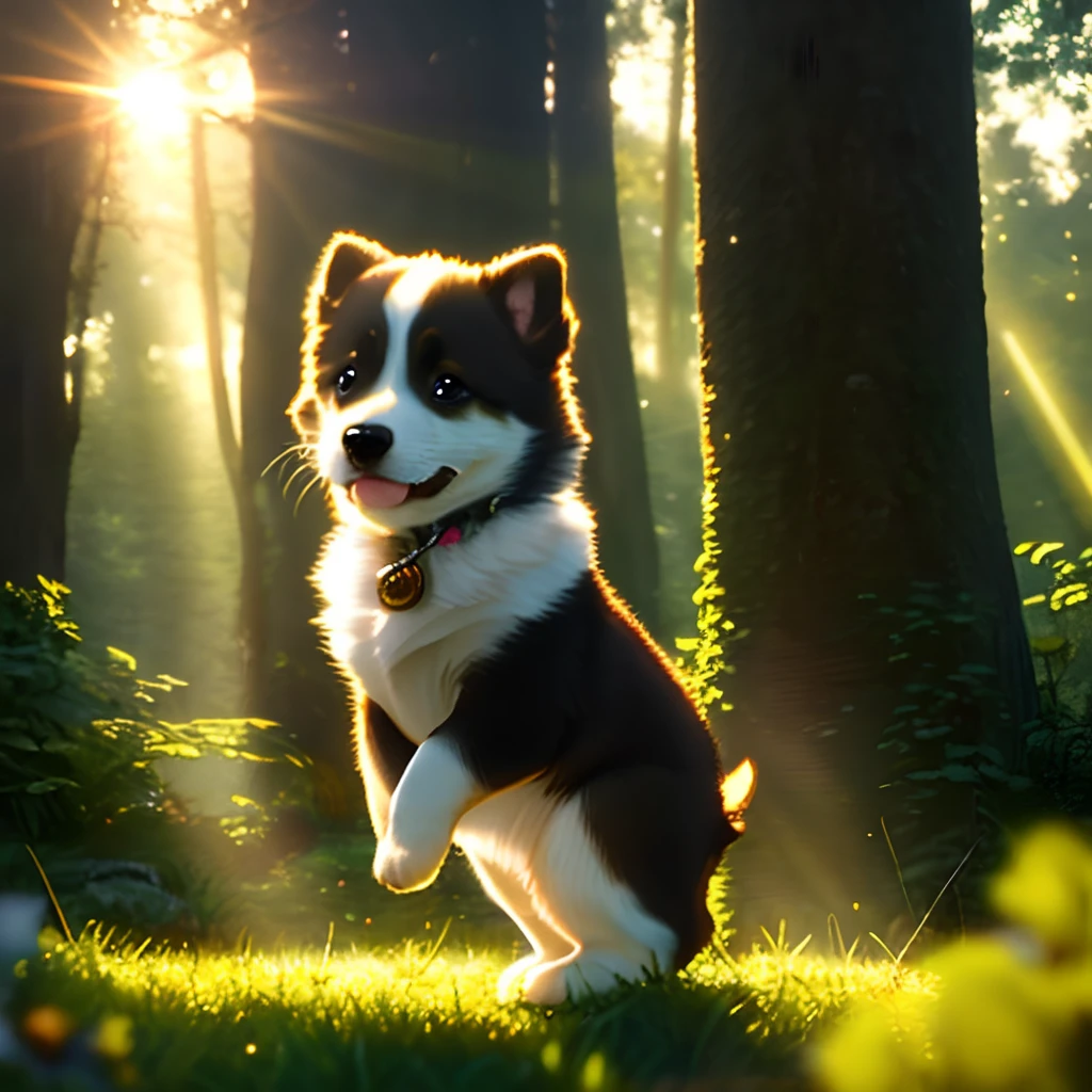 (best quality: 1.2), (masterpiece: 1.2), (realistic: 1.2),  closeup photo, a very cute jumping puppy in the forest, soft volumetric lights, (looking at the viewer: 1.3), (backlit:1.3), (cinematic:1.2), intricate details, masterpiece