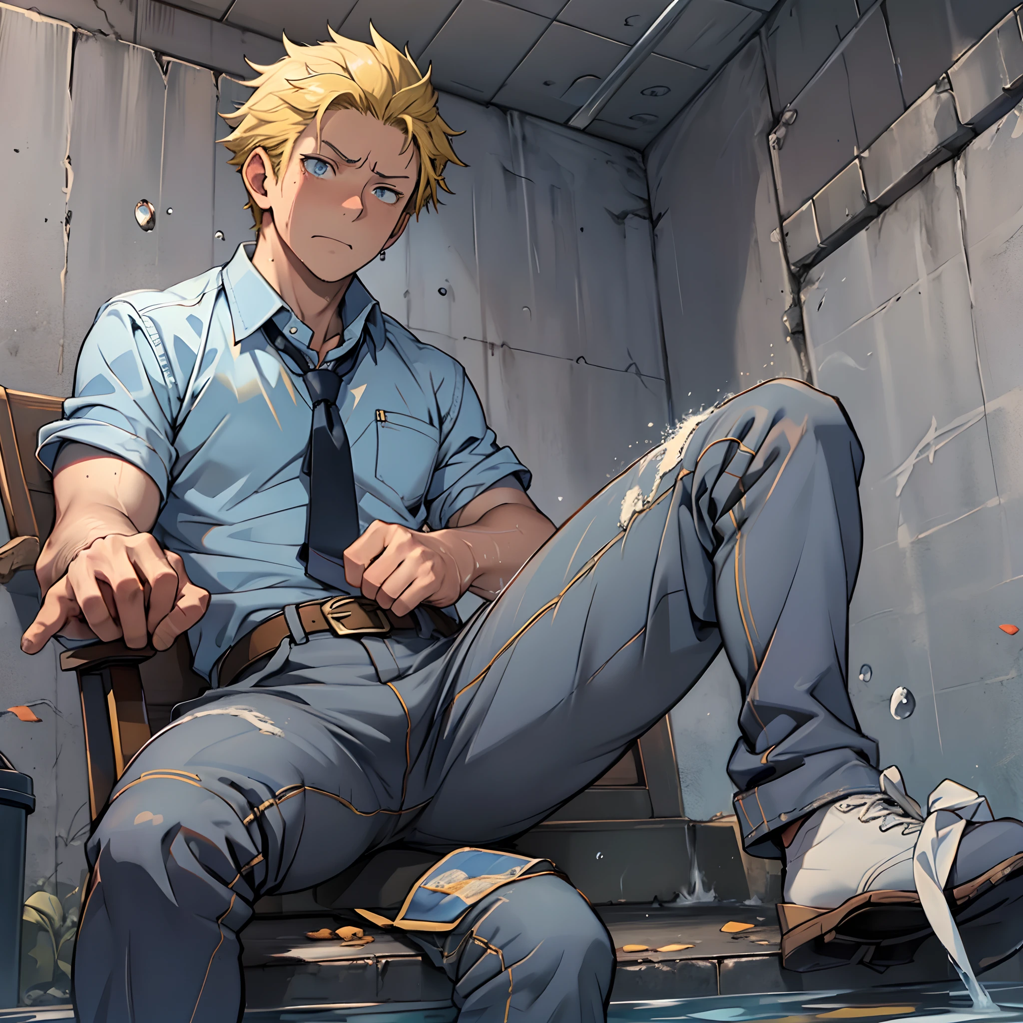 (1 Adult male),A high resolution, Sharp focus, Pixiv masterpiece, ((Complicated details)), highly detailed, natsuki_subaru, 1 man,perfect male figure,Urine on the trouser leg, Nervously bow your head,is shy,embarressed,exhilarated,is shocked,panicking,worry,A pool of urine formed around him,Very eager to pee,Unbearable,Wet yourself,Urine discharge,full bodyesbian,sit astride,Tired,decadent, blue color eyes(eyes glowing), Short yellow hair,white shirt,Wear a tie,Wear a belt,trousers,perspire,Drenched,Get wet,pissing,urine flows down the pants,look from down