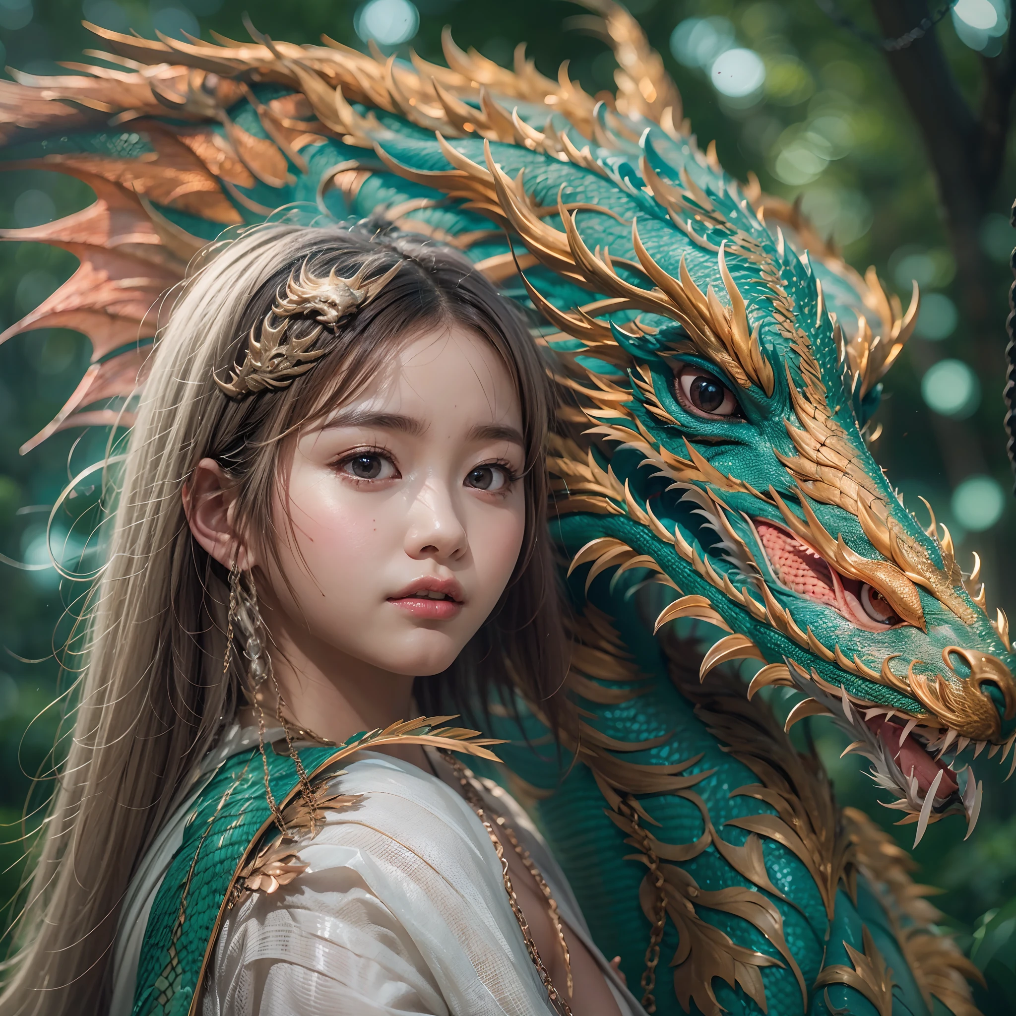 A girl and a dragon，Rainbow Dragon, （（The girl wears a robe）），（He was covered in chain mail：1.4），（Cloth trousers：1.2），（Chain mail has a dragon scale pattern），Perfect facial features，delicated face，long whitr hair, As graceful as a swan, wisdom, mod, Rainbow Dragon，scutes, banya, 火焰, Wings, dragon claw,Dragon protects girl，In the background is an ancient forest, Mysterious connection, Aegis, Trust，Realistic image quality，photorealestic，8K，best qualtiy，tmasterpiece，movie-level quality，High chiaroscuro，rendering by octane