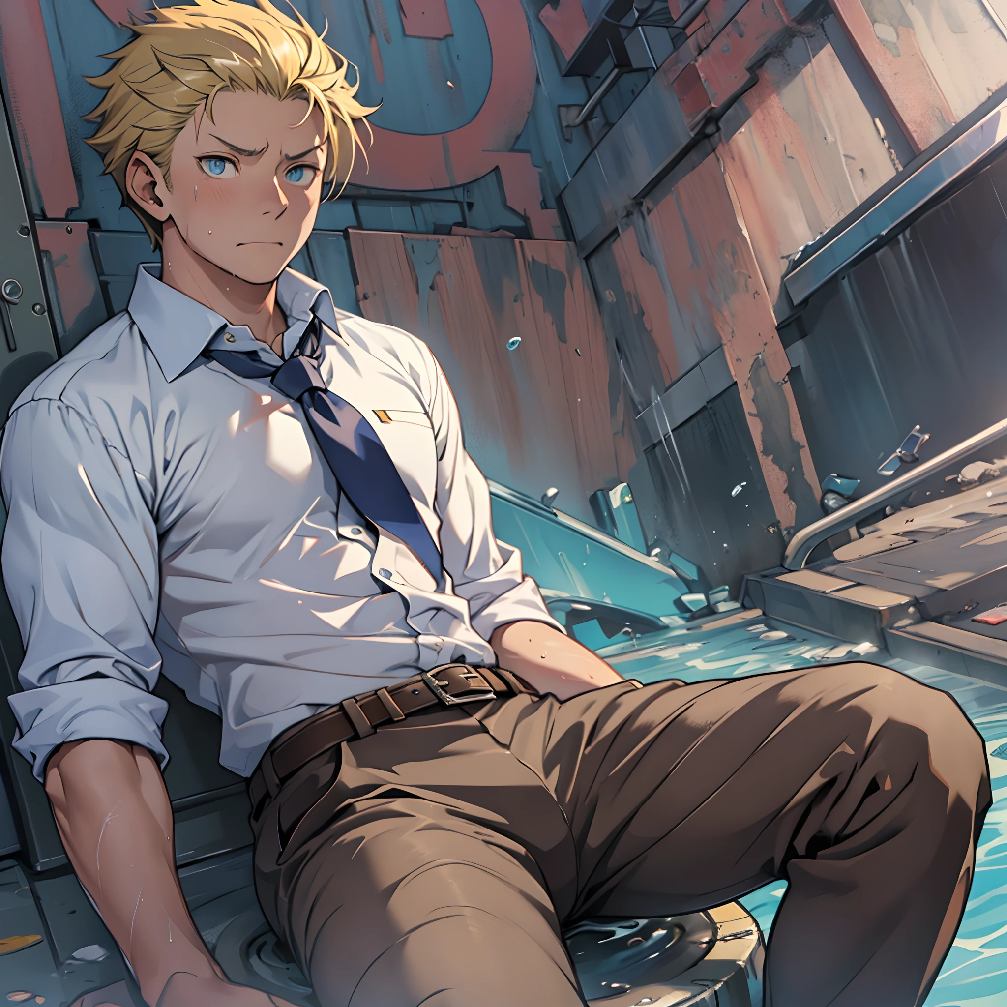 (1 Adult male),A high resolution, Sharp focus, Pixiv masterpiece, ((Complicated details)), highly detailed, natsuki_subaru, 1 man,perfect male figure,Urine on the trouser leg, Nervously bow your head,is shy,embarressed,exhilarated,is shocked,panicking,worry,A pool of urine formed around him,Very eager to pee,Unbearable,Wet yourself,Urine discharge,full bodyesbian,sit astride,Tired,decadent, blue color eyes(eyes glowing), Short yellow hair,white shirt,Wear a tie,Wear a belt,trousers,perspire,Drenched,Get wet,pissing,urine flows down the pants,look from down