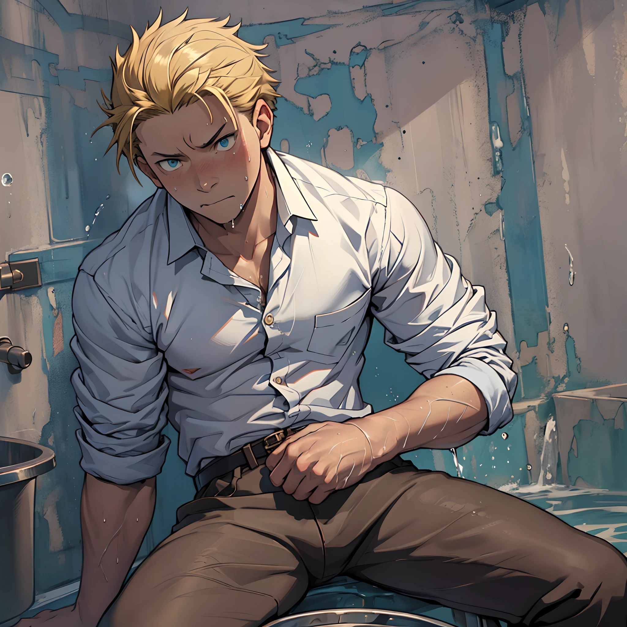 (1 Adult male),A high resolution, Sharp focus, Pixiv masterpiece, ((Complicated details)), highly detailed, natsuki_subaru, 1 man,perfect male figure,Urine on the trouser leg, Nervously bow your head,is shy,embarressed,exhilarated,is shocked,panicking,worry,A pool of urine formed around him,Very eager to pee,Unbearable,Wet yourself,Urine discharge,full bodyesbian,sit astride,Tired,decadent, blue color eyes(eyes glowing), Short yellow hair,white shirt,Wear a tie,Wear a belt,trousers,perspire,Drenched,Get wet,pissing,urine flows down the pants,look from down