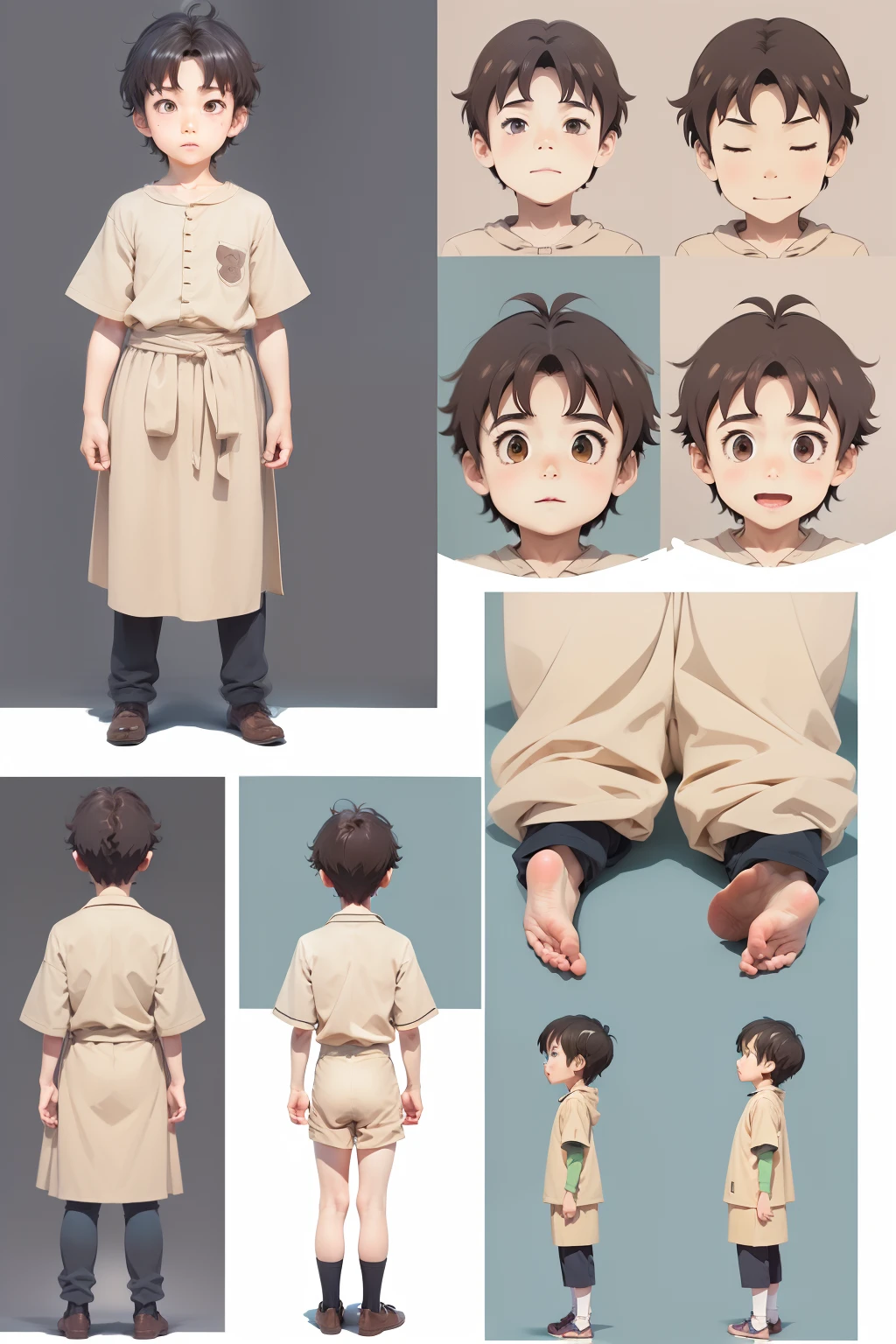 6 boy,Ghibli style,different angles,character sheet,multiple poses and expressions