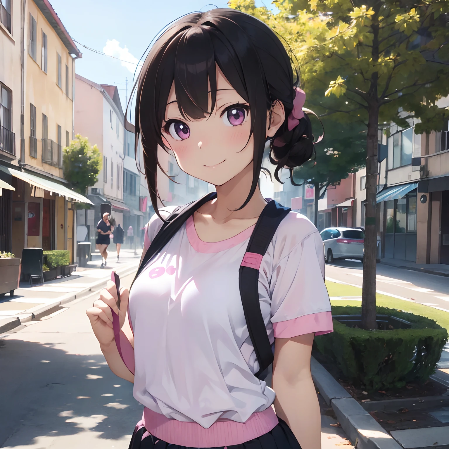 masutepiece, Best Quality, 8K_Wallpaper, (Beautiful eyes), ((Cute)), Cute, (lovely), (Park on a sunny day),1girl in,small tits,1 schoolgirl,Standing Girl,Smile,facial close-up、portlate(((Do a marathon)))、(((Jogging)))、((Pink jersey))、