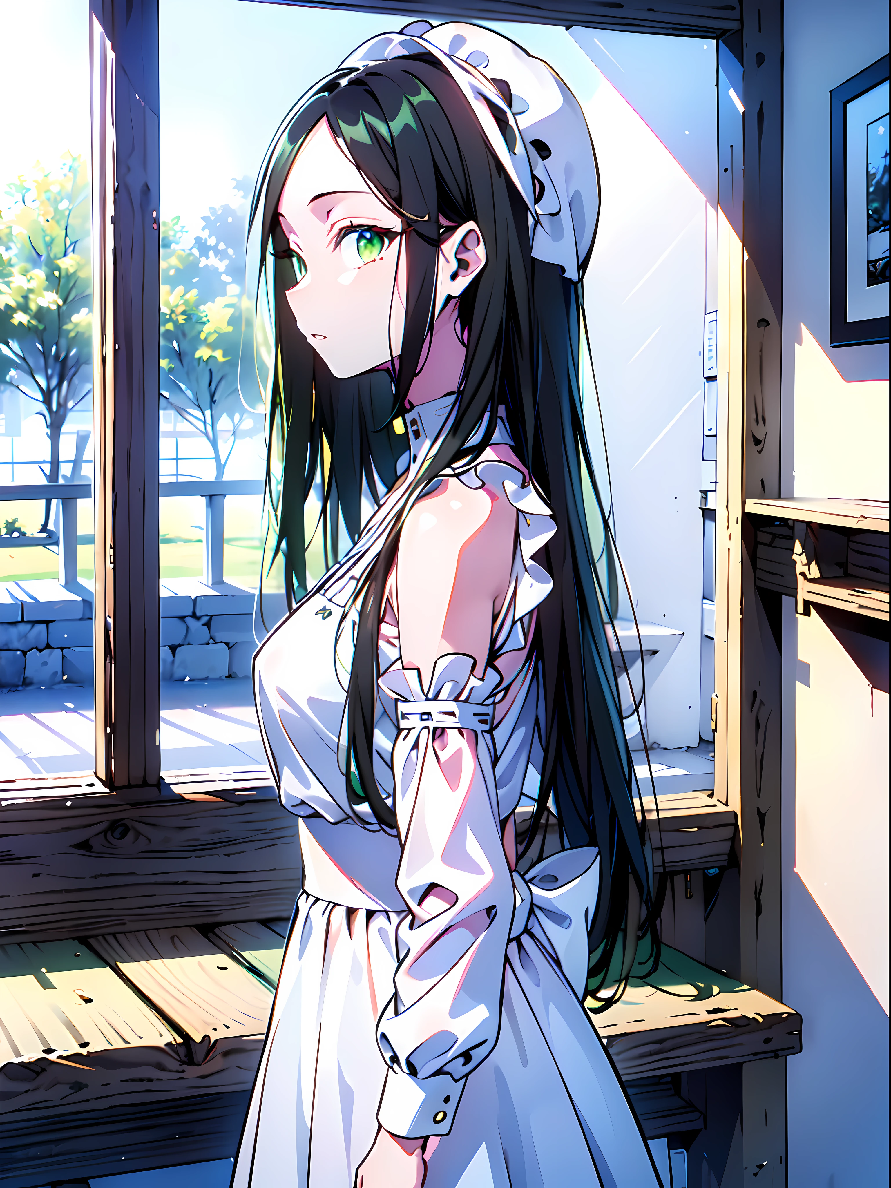 (masterpiece:1.2), (pale skin:1.2), (8k:1.2), (solo:1.2), (female:1.4), (long hair:1.1), (black hair:1.4), (green eyes:1.1), (white maid outfit:1.3), bare shoulders, headwear, (interior:1.1), (bored:1.3), (from side:1.1), (straight hair:1.1), (emphasis lines:1.3)