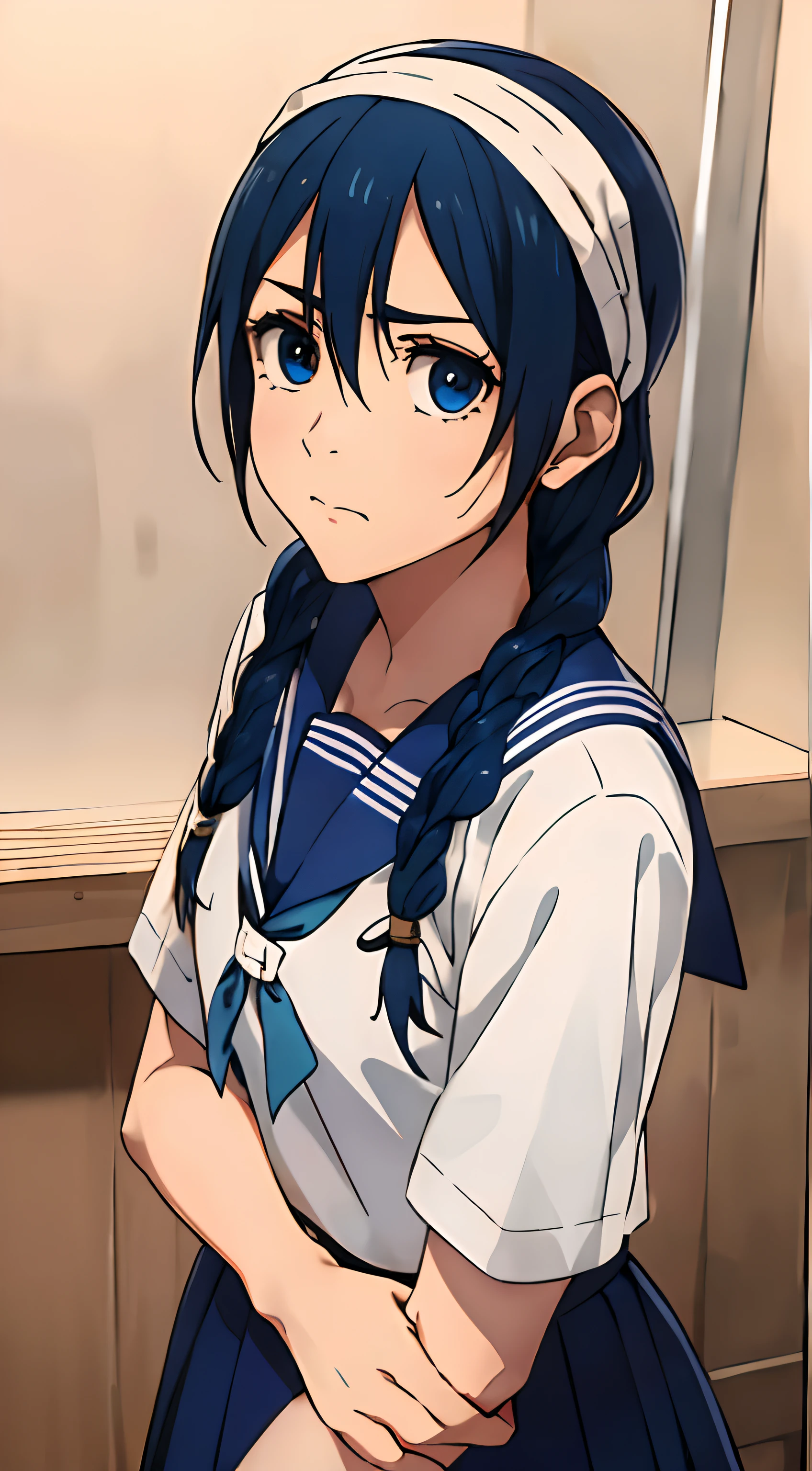 1girl in, Solo, School, masutepiece,  Beautiful face, riko, School uniform, serafuku, Blue eyes, head band, Blue hair, Braided hair, Cowboy Shot, Upper body, Closed mouth、cute little