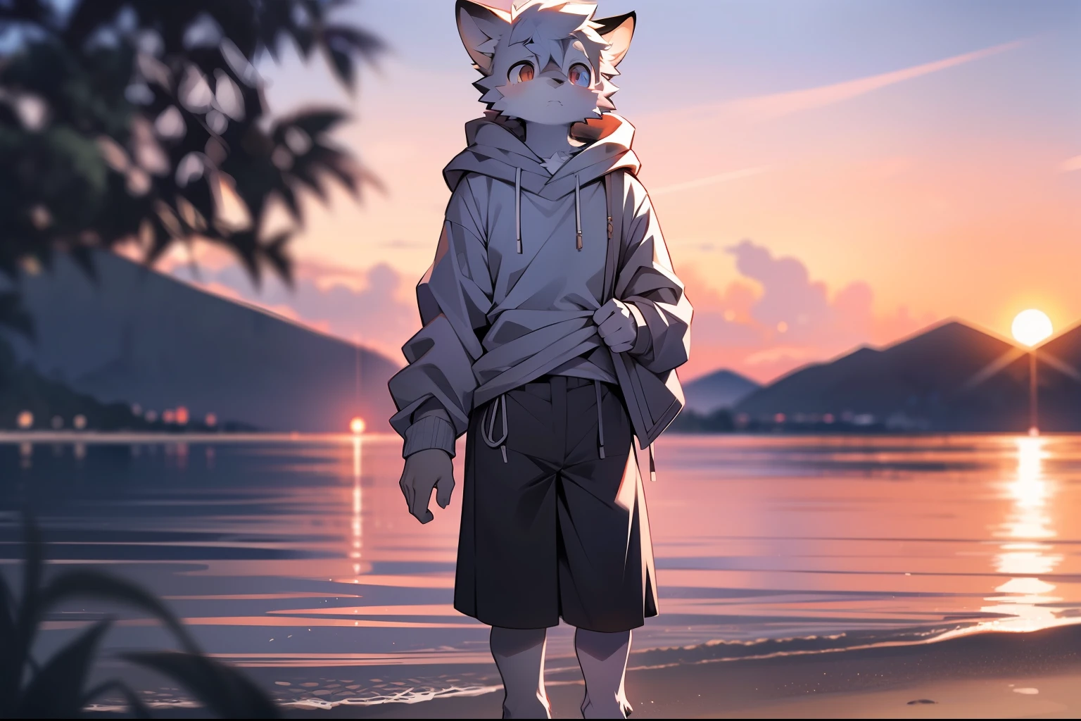 author：Jrjresq, author：Kirito,Libido boy，furry wolf，((Shota)), Black and white hair, Very good figure, Handsome，adolable, Light：Hazy light and shadow, Reflective skin,Reddish skin，((worn-out clothing，Commoner)) ，((beachside，standing on the rock，sandbeach，solo person，独奏，1doy))，Outdoor sunset，((the detail))，（depth of fields），((Libido boy，Shota))