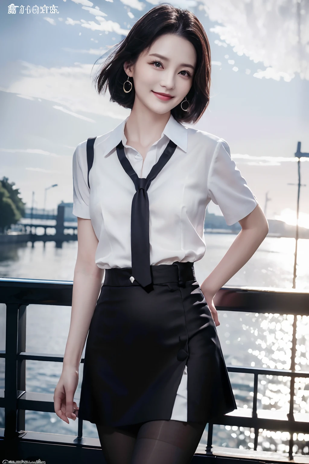 (8K, Best quality, Masterpiece:1.2),
(Realistic, photo-realistic:1.37),
Ultra-detailed,

1 girl, full bodyesbian, Outdoors, (Adjust hair:1.5)
Office Lady, black officeblazer, officeskirt, (Pantyhose:1.2), (short buttoneddownshirt:1.2), buttonedupcollarprim, buttoneddowncollarprim, Bra, (Pantyhose:1.2), alphalayers, high-heels,

Beautiful earrings,
Cute,
Solo,
Beautiful detailed sky,
(Smile:1.15),
(Closed mouth),
Small breasts,
Beautiful detailed eyes,
Business attire,
(Short hair:1.2),
Floating hair NovaFrogStyle,