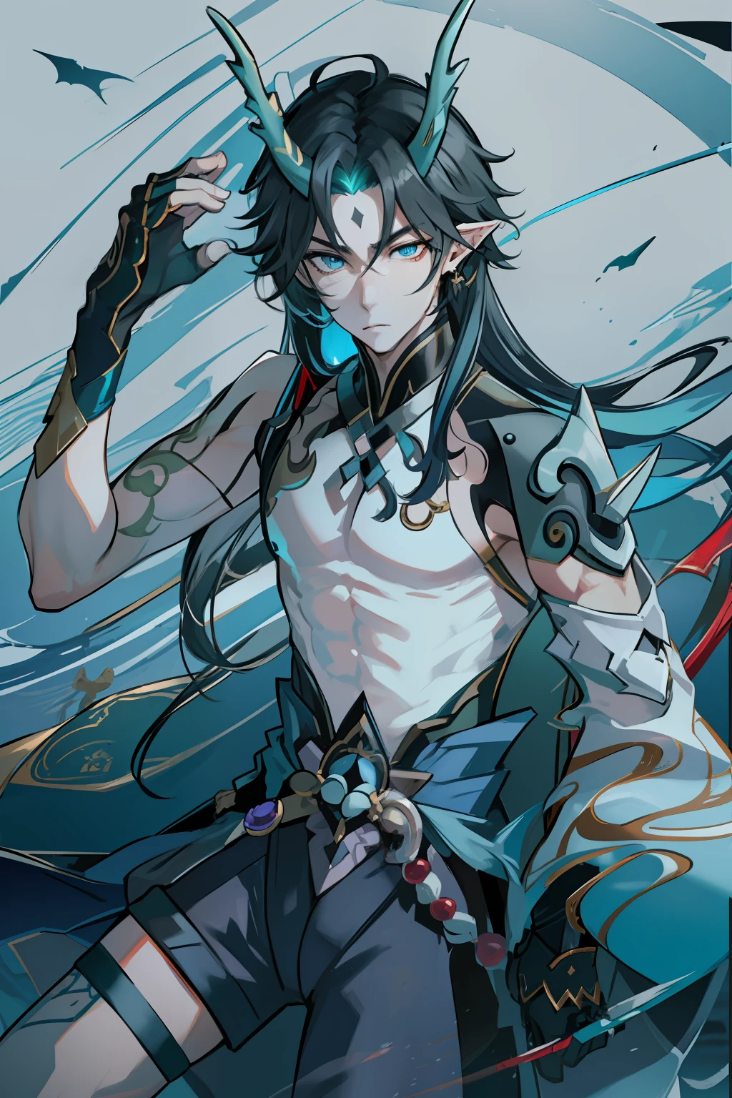（absurderes，A high resolution，Hyper-detailing，hdr），Dragon's horn，younge boy，tmasterpiece，best qualtiy，1人，独奏，Handsome，Golden eyes，Fine eyes and detailed face，toppless，Tattooed with，arma，Indifferent and arrogant，Abs，chest muscle，Raised sexy，Ruffian，Show your temperament，Male，masculine appeal，Male characteristics are distinct，Long messy hair，Arrogant，self-assured，Majestically holding a spear，Legs crossed，white pantie，supreme，Lazy，Handsome，