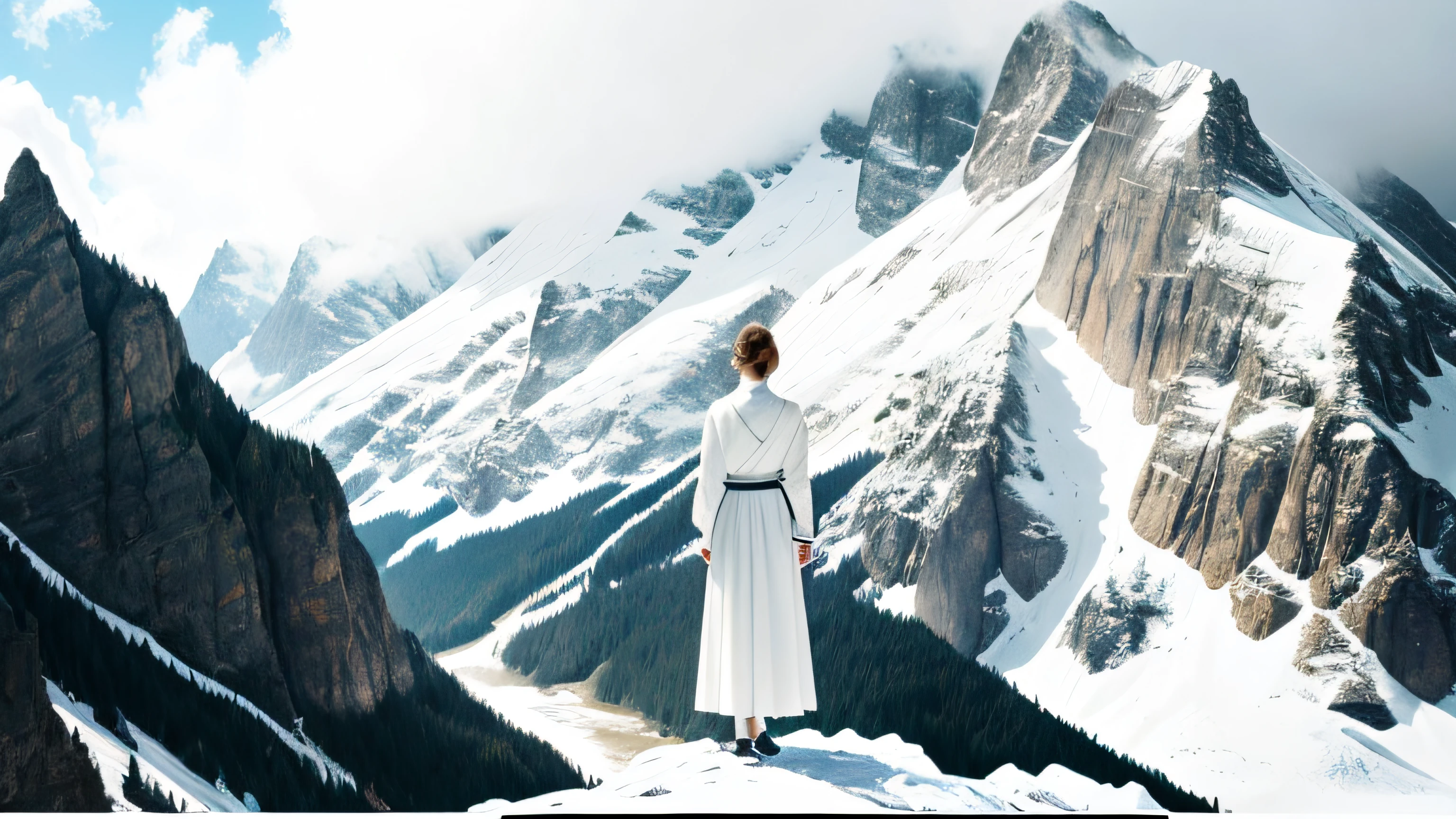 There was a woman standing on the top of a mountain looking at the mountain,mountain scene. cinematic Film still from, Stand in front of Mt, Still from L'Estate, girl standing on mountain, looking at the mountains, cinematic Film still from, a still of an ethereal, a mountain look like a women, screenshots from movies, cinematic Film still from,Pure white clothes and skirts,The wind blows the skirt to the right,8K,hdr,Surreal 3D,realisticlying,Detailed skin texture,Detailed cloth texture,Complicated details,ultra - detailed,edge lit,Side lighting,cinematric light,超高分辨率,