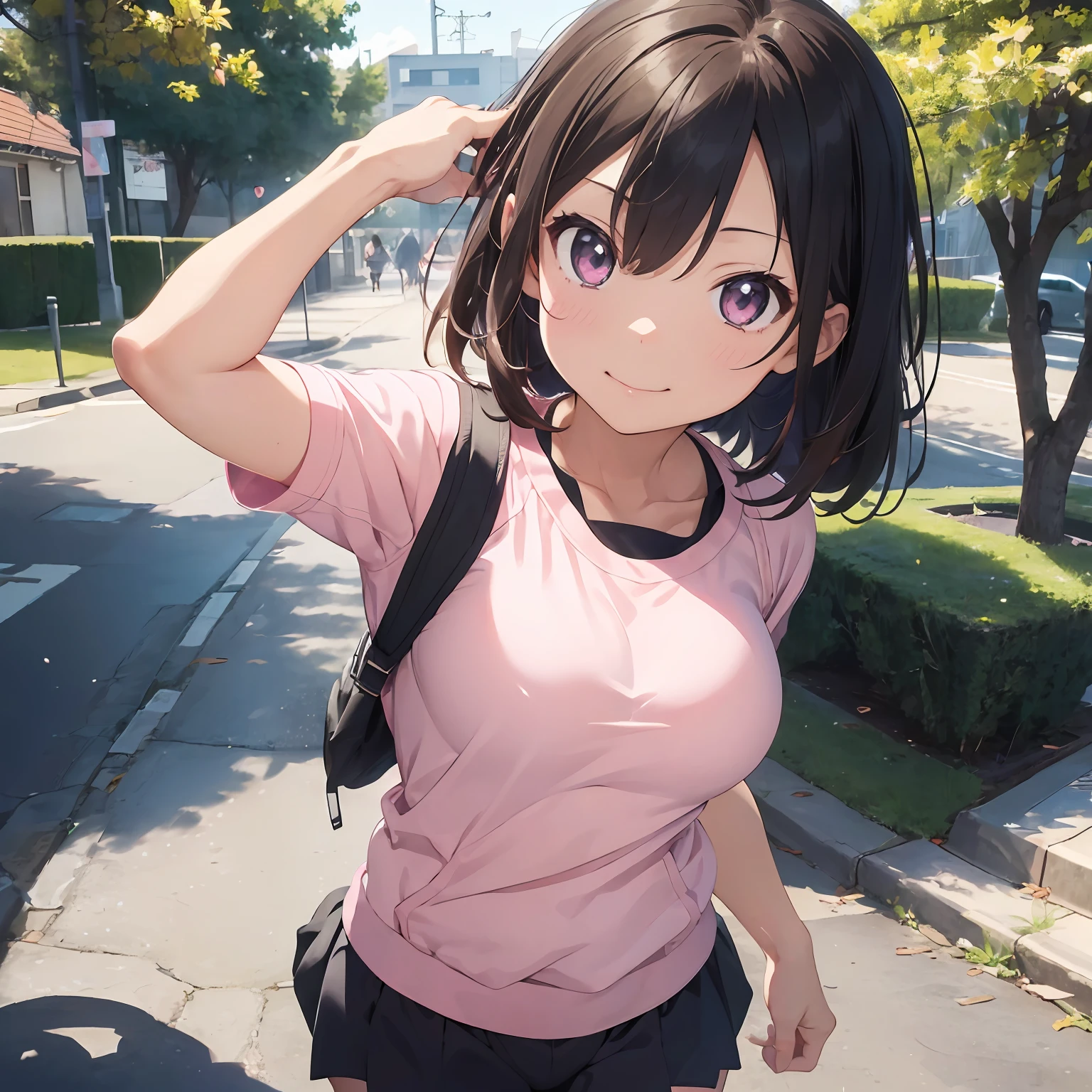 masutepiece, Best Quality, 8K_Wallpaper, (Beautiful eyes), ((Cute)), Cute, (lovely), (Park on a sunny day),1girl in,small tits,1 girl,Standing Girl,Smile,facial close-up、portlate(((Do a marathon)))、(((Jogging)))、((Pink jersey))、