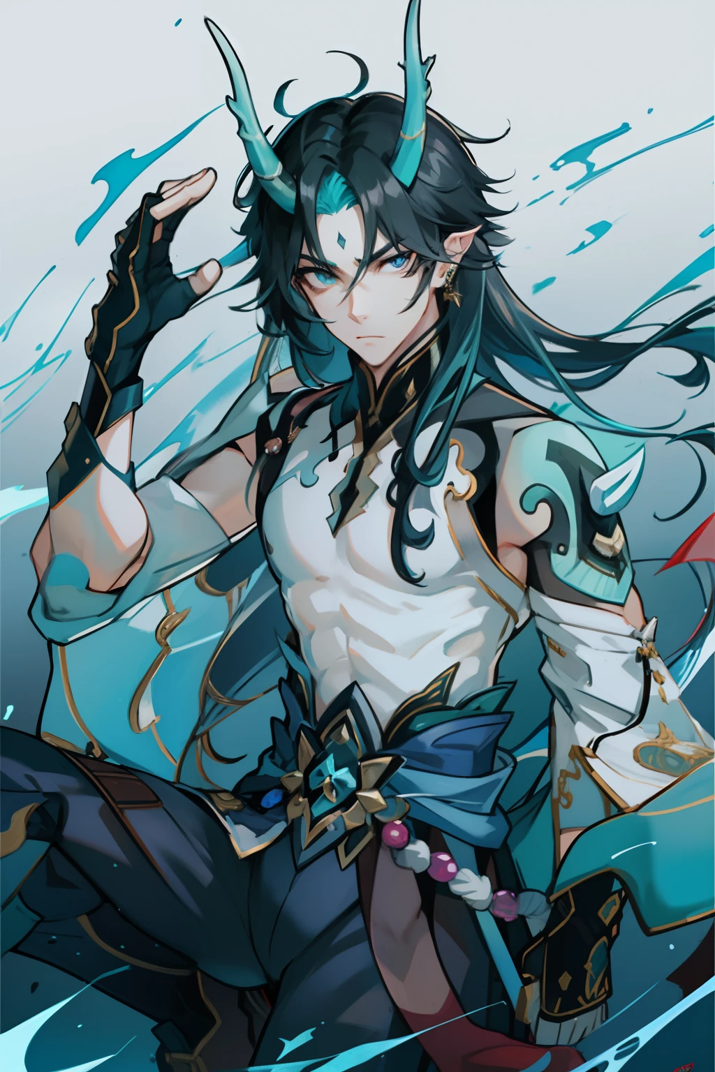 (absurderes,A high resolution,Hyper-detailing,hdr),Dragon's horn,younge boy,tmasterpiece,best qualtiy,1人,独奏,Handsome,Golden eyes,Fine eyes and detailed face,toppless,Tattooed with,arma,Indifferent and arrogant,Abs,chest muscle,Raised sexy,Ruffian,Show your temperament,Male,masculine appeal,Male characteristics are distinct,Long messy hair,Arrogant,self-assured,Majestically holding a spear,Legs crossed,white pantie,supreme,Lazy,Handsome,