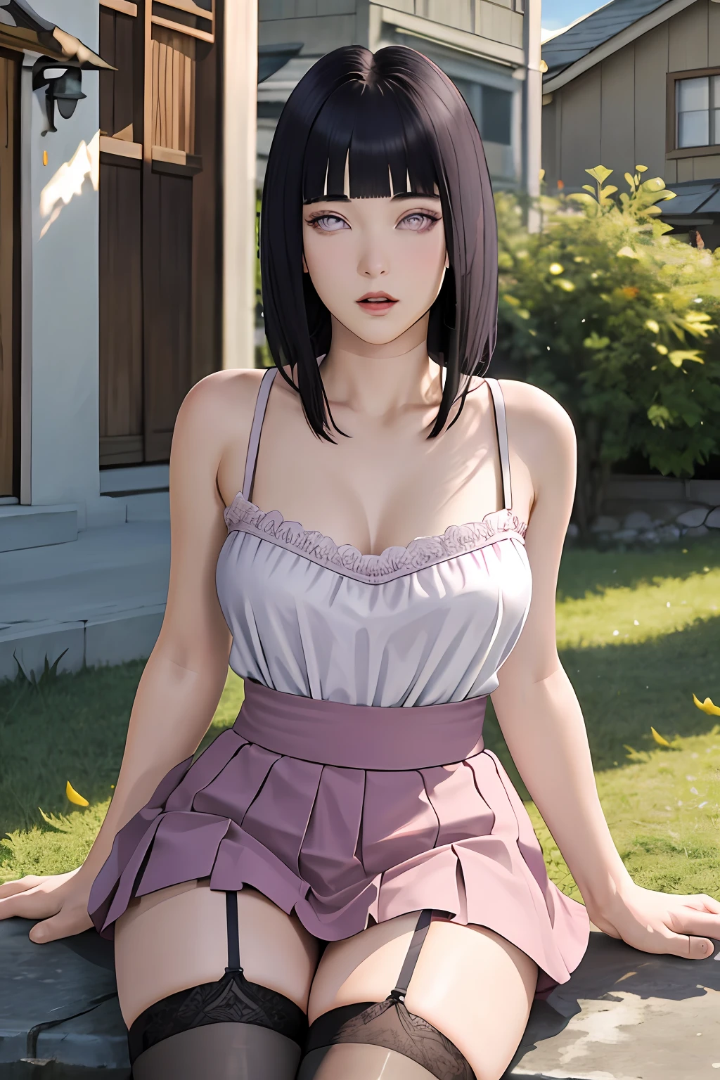 masterpiece, absurdres, hinata hyuga, 1girl, solo,mature female, spaghetti strap top,high waist short skirt, looking at viewer, (falling petals), perfect composition, detailed lips, beautiful face, body propotion, blush, (pink lips), long hair, purple eyes, soft gaze, super realistic, detailed, photoshoot, realistic face and body, detail body, sexual expression, seductive, thighhighs
