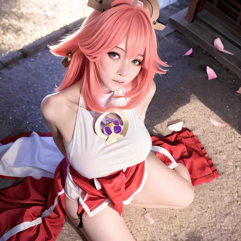realistic eyes, detailed shadow, looking at viewer, dog ears, detailed lighting,(detailed hair, realistic hair, realistic lighting, realistic shadow, realistic outfit), realistic skin, (gun on waist:1), realistic reflection of light from above,((arms behind back)),(hands behind),tube top,sexy,night,stockings,naked,big boobs,big breast,cherry blossoms, white skirt, white dress,full body,japanese shrine,pink filte