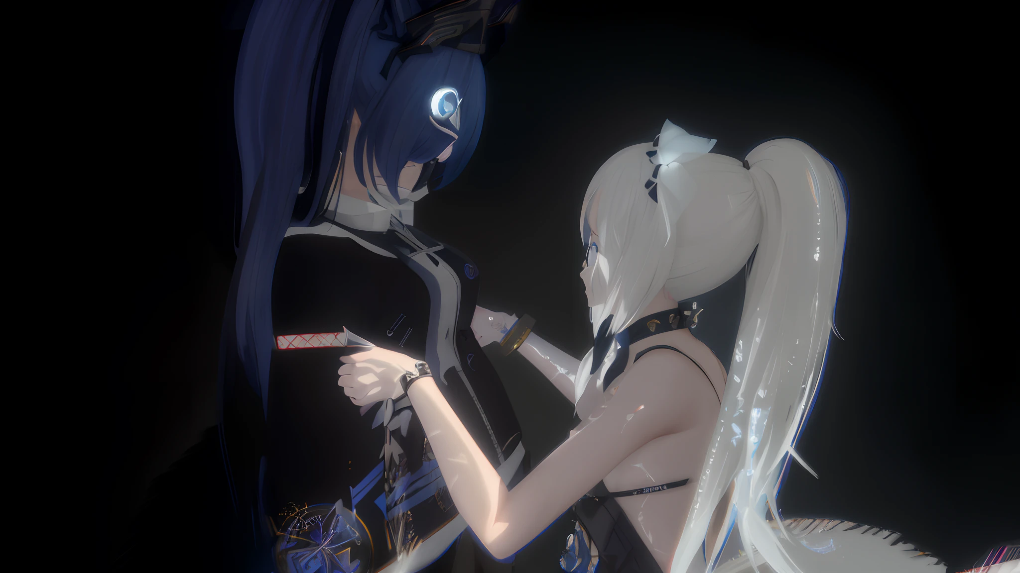 anime girl with long white hair and blue eyes holding a knife, 8k octae render photo, 2 b, kda and sam yang, 2b, noire moody scene, kda, hidari and vlop, rendered in sfm, from the azur lane videogame, anime style. 8k, 4 k octan render, octae render