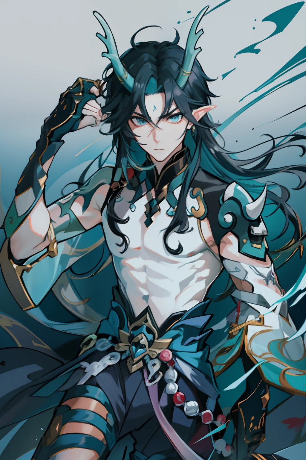 （absurderes，A high resolution，Hyper-detailing，hdr），Dragon's horn，Gold eyes，younge boy，tmasterpiece，best qualtiy，1人，独奏，Handsome，Fine eyes and detailed face，toppless，Tattooed with，arma，pervert smirk，Abs，chest muscle，Raised sexy，Ruffian，Show your temperament，Male，masculine appeal，Male characteristics are distinct，Long messy hair，Arrogant self-confidence，Demodest, man with a weapon，Legs crossed，Volley