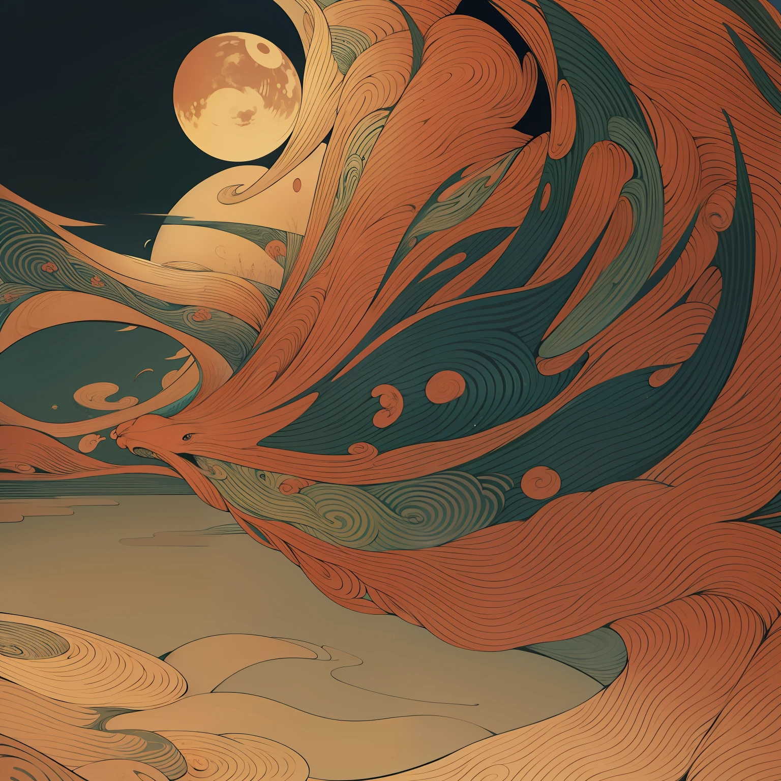 Ukiyo-e style surreal wondrous strange Whimsical absurderes fanciful Sci-Fi Fantasy Broken Moon
