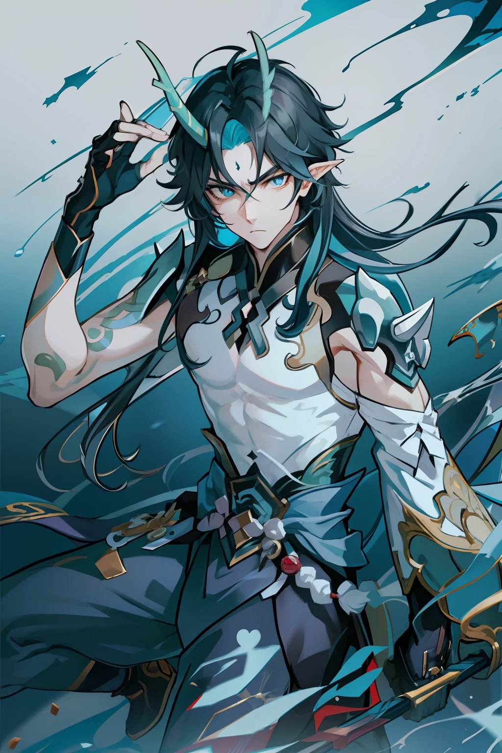 （absurderes，A high resolution，Hyper-detailing，hdr），Dragon's horn，younge boy，tmasterpiece，best qualtiy，1人，独奏，Handsome，Golden eyes，Fine eyes and detailed face，toppless，Tattooed with，arma，Indifferent and arrogant，Abs，chest muscle，Raised sexy，Ruffian，Show your temperament，Male，masculine appeal，Male characteristics are distinct，Long messy hair，Arrogant，self-assured，Majestically holding a spear，Legs crossed，white pantie，supreme，Lazy，Handsome，