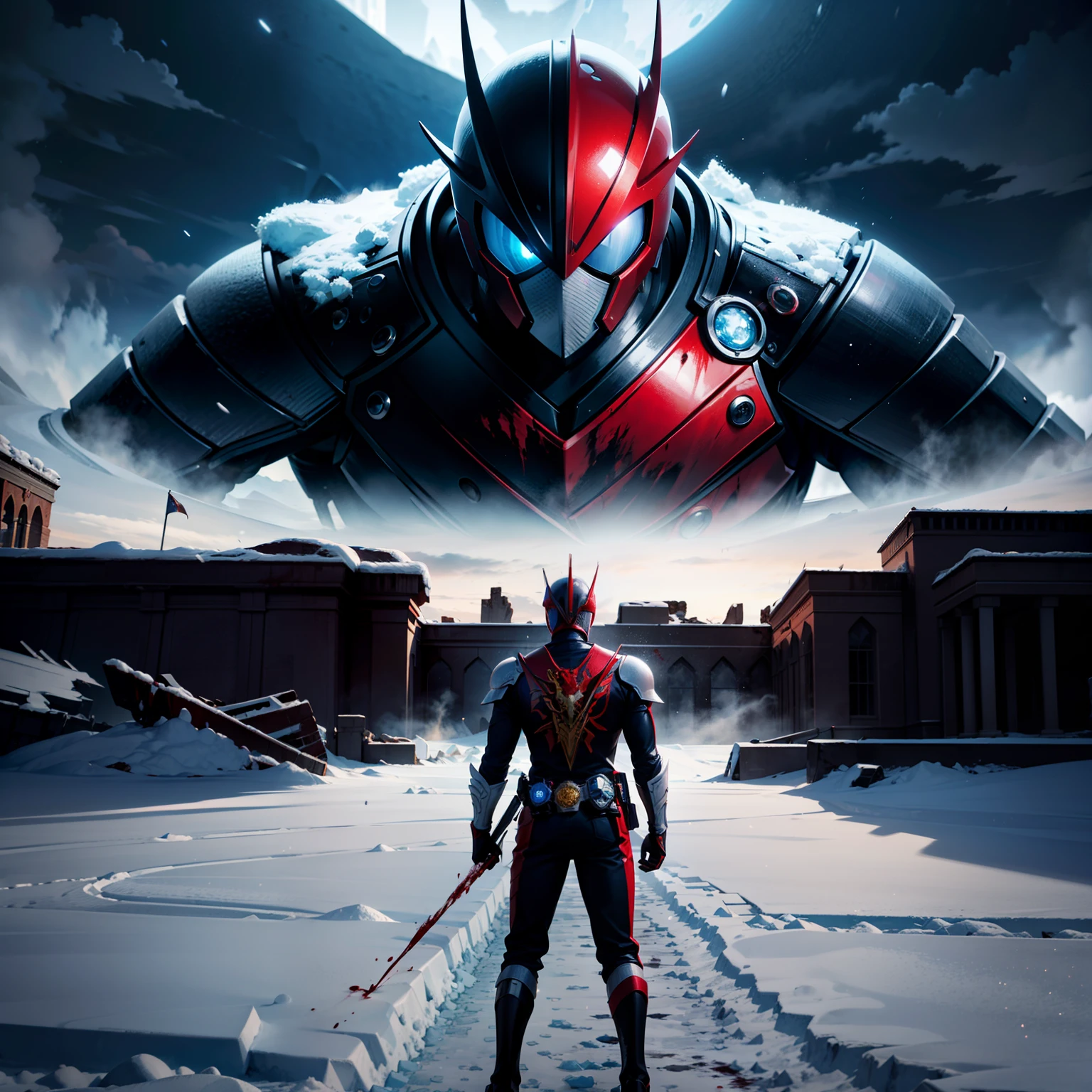 Cool Kamen Rider,Red composite armor cover,Blue eyes flashed coldly,blood spatter。merciless,The icy castle rises in the moonlight,Ruins intertwined with snow and ice。style of anime,Cinematic lighting,Precise details,High-quality graphics,A masterpiece,best quality wallpaper。