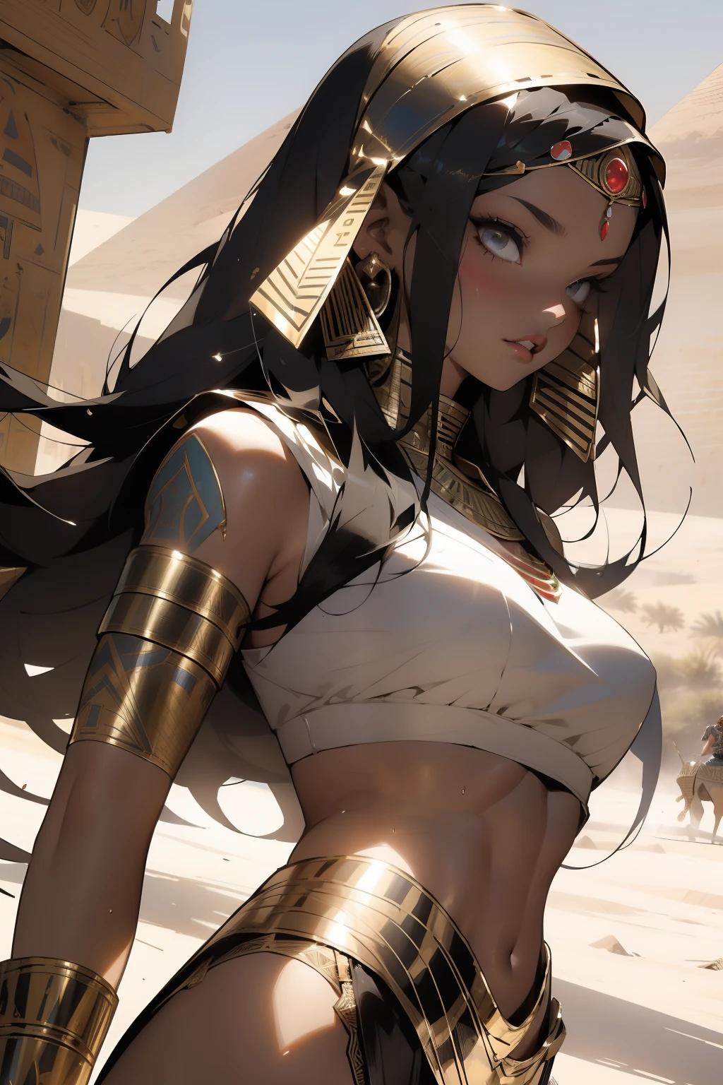 ((ouka_Studio)), Beautiful plump woman, 30 years old, Egyptian woman, Egyptian adornments, musculous,Perfect figure, ((back)), head covered with an Egyptian headdress, dark-skin,Grease and sweat are shiny, warrior Sphinx with little clothing, tiny thong of old body, bra in the shape of a metallic snake covering only a small part of the large breasts, Egyptian tattoo, arms covered by Egyptian adornments, Large breasts covered by bands of fabric, generous neckline, holding a blood-stained spear, Brave face, dark kingdom, Sexy pose, walking in a desert, pyramids in background