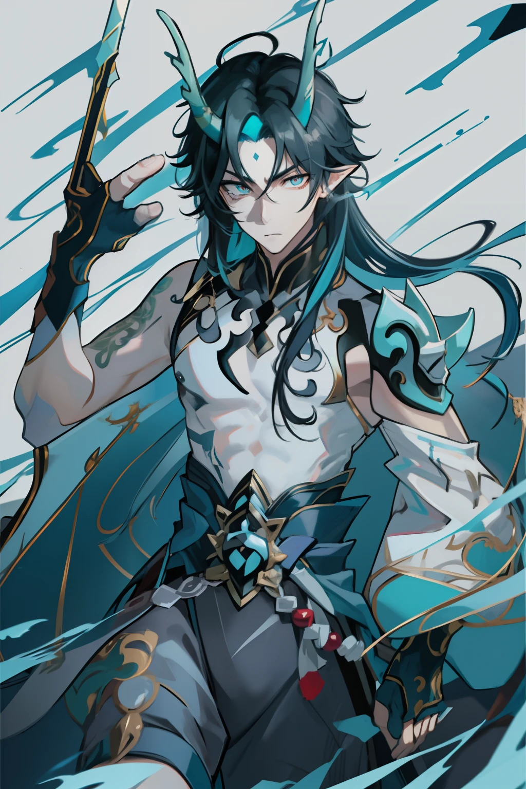 (absurderes,A high resolution,Hyper-detailing,hdr),Dragon's horn,younge boy,tmasterpiece,best qualtiy,1人,独奏,Handsome,Golden eyes,Fine eyes and detailed face,toppless,Tattooed with,arma,Indifferent and arrogant,Abs,chest muscle,Raised sexy,Ruffian,Show your temperament,Male,masculine appeal,Male characteristics are distinct,Long messy hair,Arrogant,self-assured,Majestically holding a spear,Legs crossed,white pantie,supreme,Lazy,Handsome,