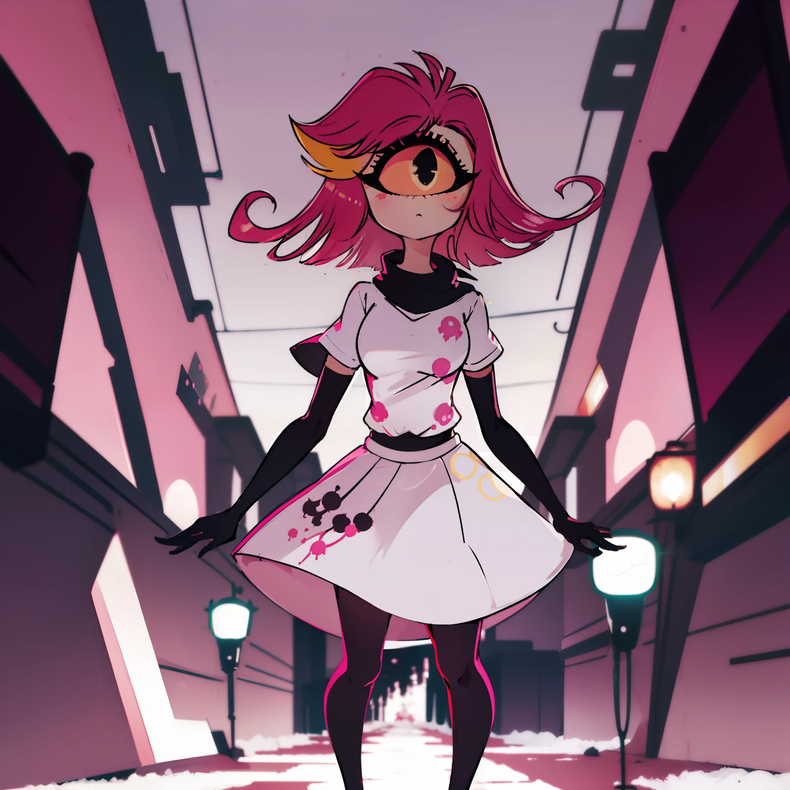 Niffty, 1girl,
(OriginalOutfit), (white shirt, pink skirt, gloves, black tights), cyclops