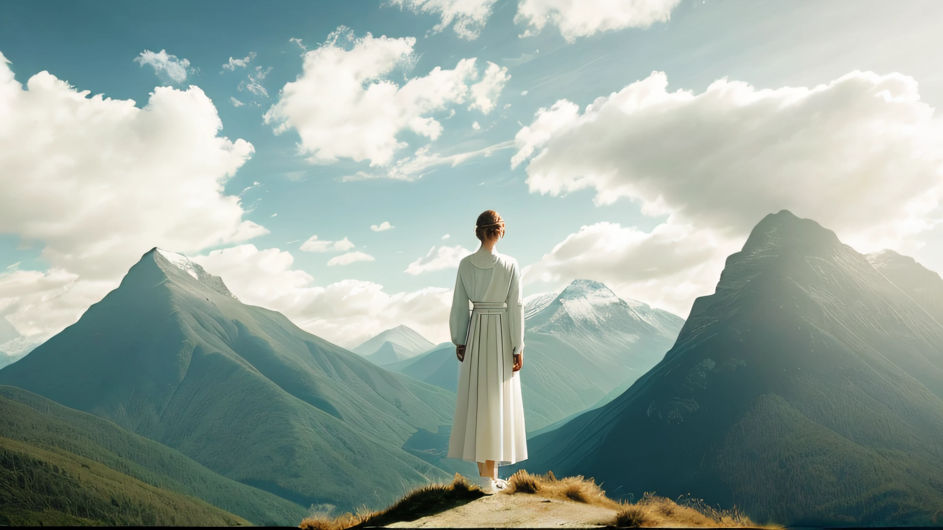 There was a woman standing on the top of a mountain looking at the mountain,mountain scene. cinematic Film still from, Stand in front of Mt, Still from L'Estate, girl standing on mountain, looking at the mountains, cinematic Film still from, a still of an ethereal, a mountain look like a women, screenshots from movies, cinematic Film still from,Pure white clothes and skirts,The wind blows the skirt to the right,8K,hdr,Surreal 3D,realisticlying,Detailed skin texture,Detailed cloth texture,Complicated details,ultra - detailed,edge lit,Side lighting,cinematric light,超高分辨率,