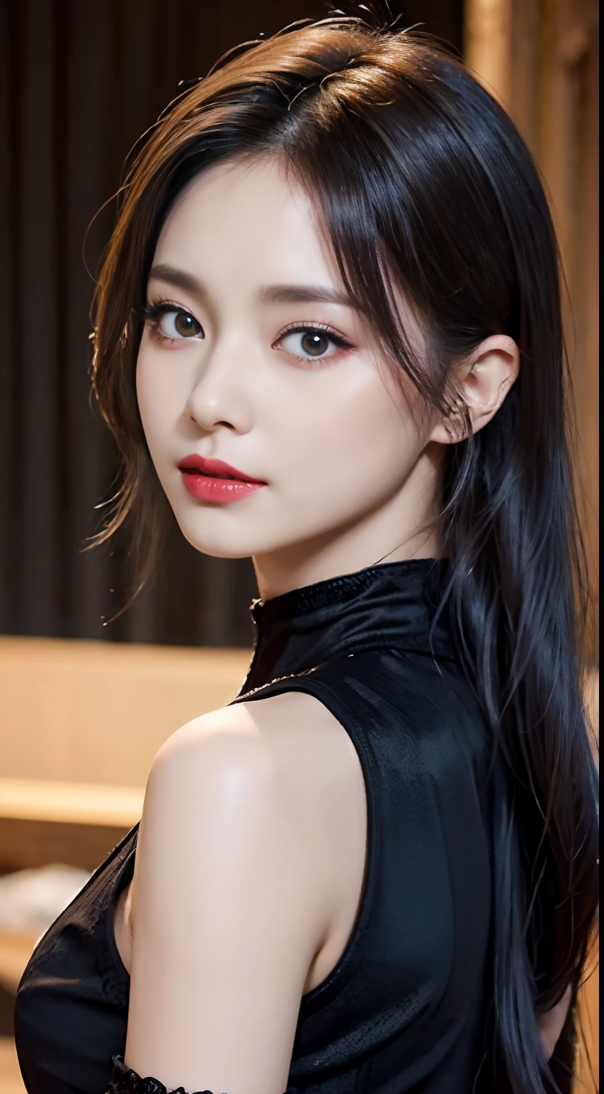 ultra high res, masterpiece, best quality, perfect glossy shiny skins, perfect lighting, detailed lighting, dramatic shadows, ray tracing, black sweater, off shoulder, Big breasts, Exposed cleavage, nsfw, ((Dark background)), Sexy face, Facial expressions when receiving pleasure,