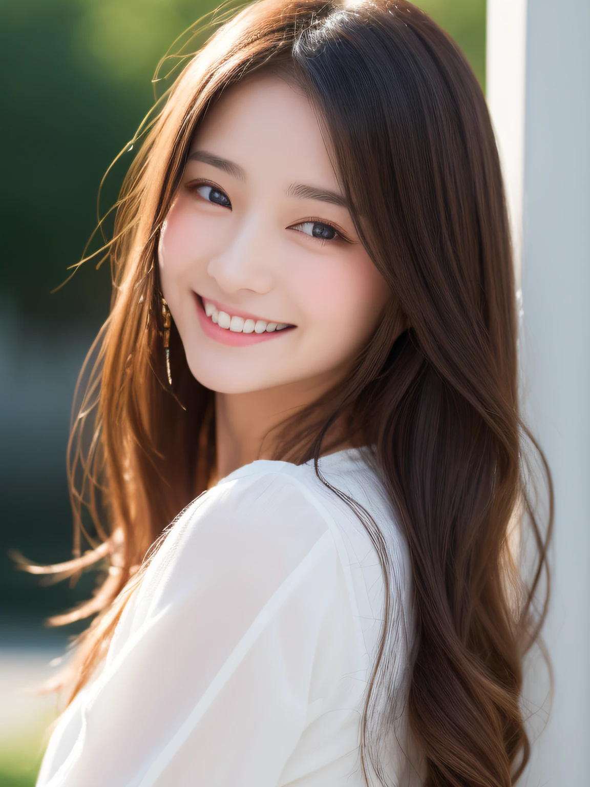 Brown Hair,Medium Hair,20-year-old female, With the correct face, Cute natural smile, Japanese facial features, A clean and cute face, Realistic portraits, 8K Photo, Soft Makeup,Natural skin texture,Raw photo,highest quality,Full Body Shot,Enjoy dinner