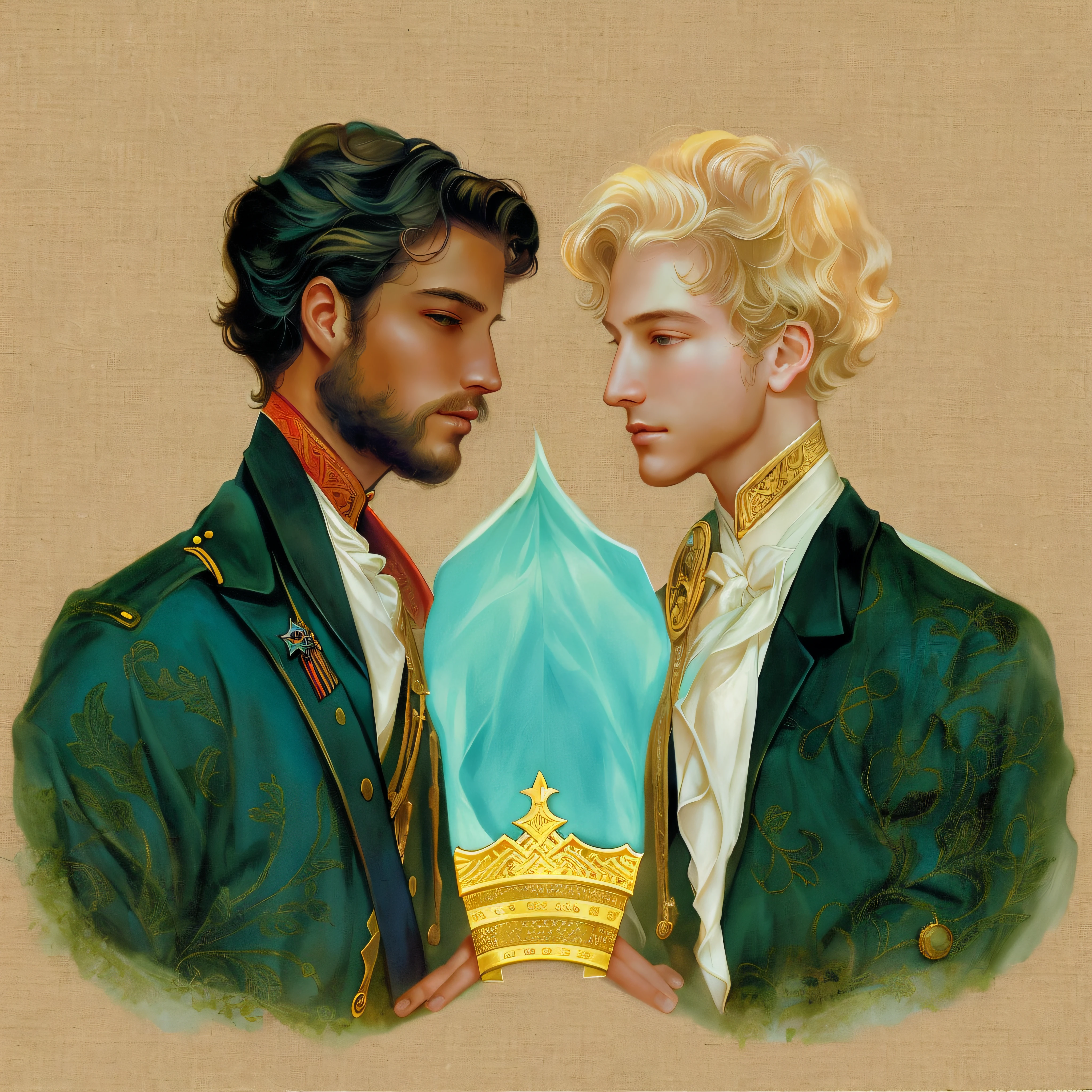 There are two people who stand side by side, Edmund Blair e Charlie Bowater, portrait of magical blond prince, Handsome androgynous prince, delicate androgynous prince, Edgar Maxence e Ross Tran, Darius Zawadzki e Tom Bagshaw, Charlie Bowater e Tom Bagshaw, Phil Noto e James Jean