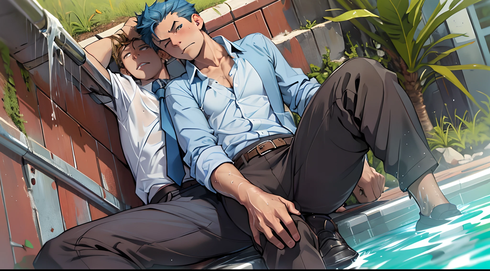 （1 Adult male），A high resolution， Sharp focus， Pixiv masterpiece， （（Complicated details））， highly  detailed， natsuki_subaru， 1 man，perfect male figure，Urine on the trouser leg， Nervously bow your head，is shy，embarressed，exhilarated，is shocked，panicking，worry，A pool of urine formed around him，Very eager to pee，Unbearable，Wet yourself，Urine discharge，full bodyesbian，sit astride，Tired，decadent， blue color eyes（eyes glowing）， Short yellow hair，white  shirt，Wear a tie，Wear a belt，trousers，perspire，Drenched，Get wet，pissing，urine flows down the pants，look from down