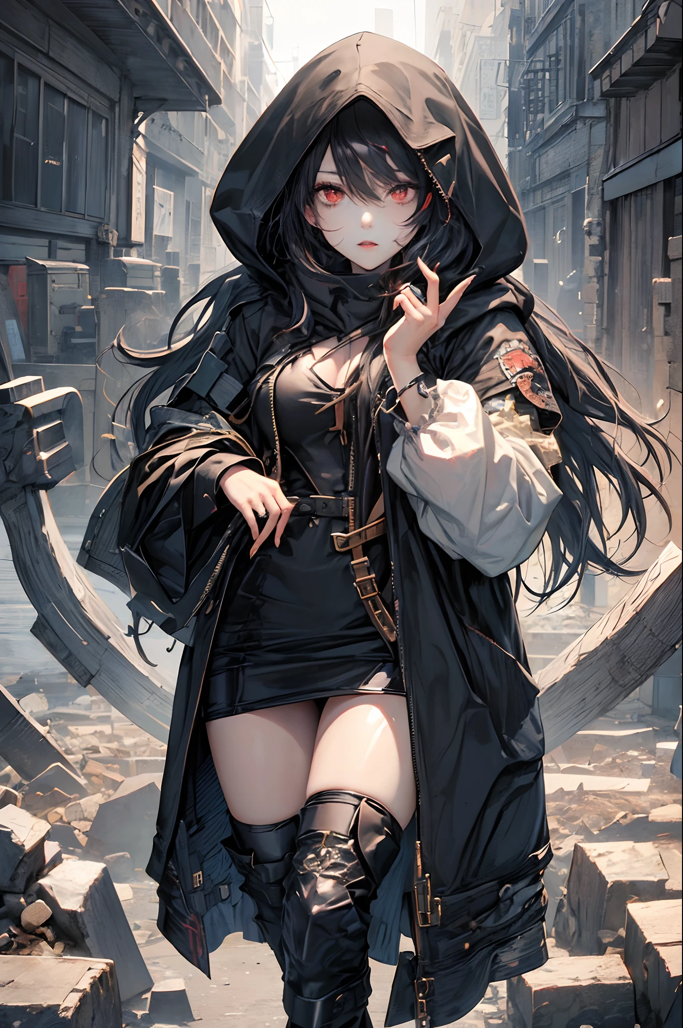 Girl in black hood、NFT Art、marks、pop music、mirai、Hair white、Red eyes、stamp、Kikinuku、Unbalanced、mystical、NFT Synopsis Art、ghoul、
