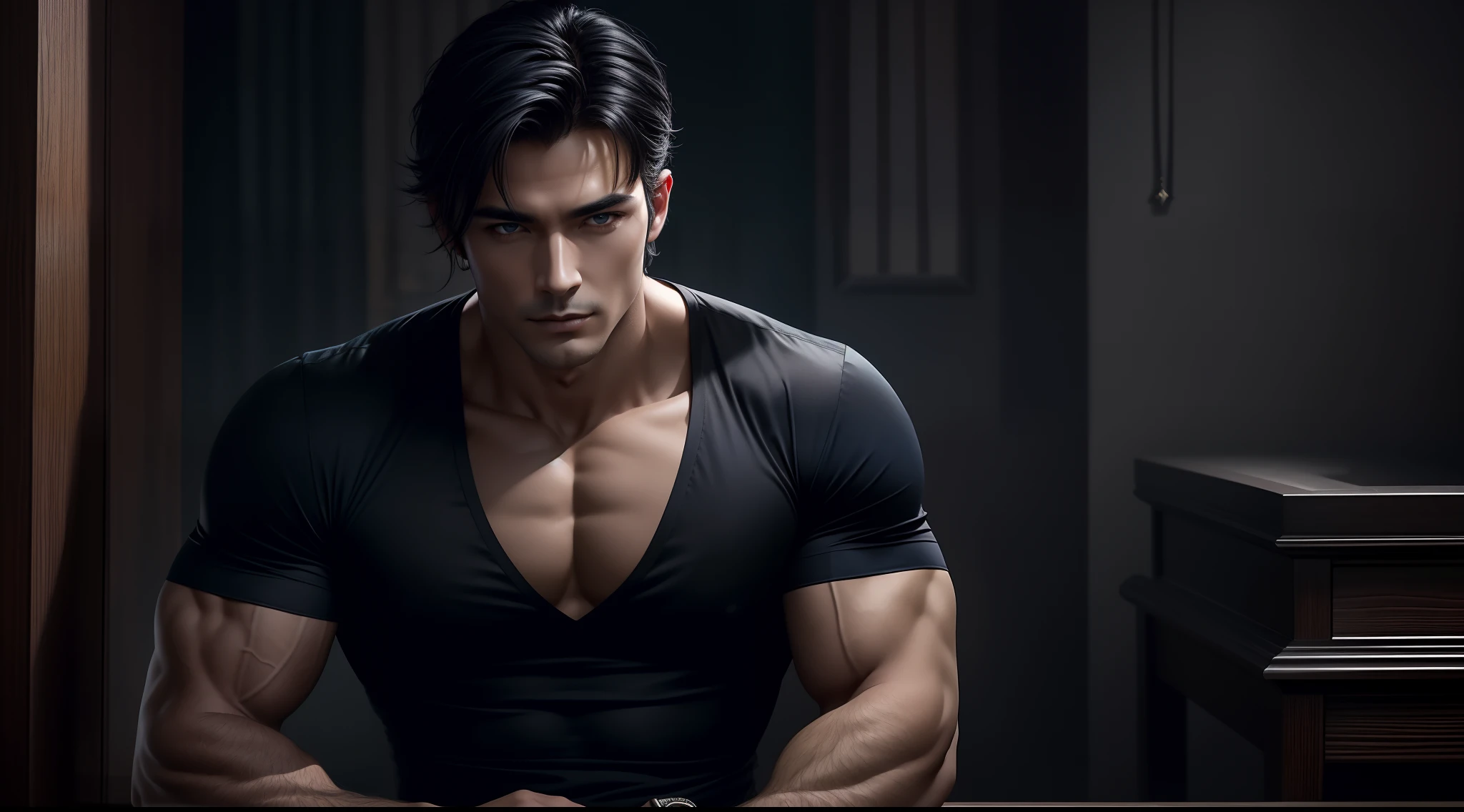 top-quality、sacredness、Handsome man with sex appeal、divination、coyote、Mystical、Dark、Wild、Blue、A black、greys、grand、Hidden powers、Chic、photogenic、well-muscled、A sexy、Messenger of God、short-haired、full bodyesbian、Black shirt