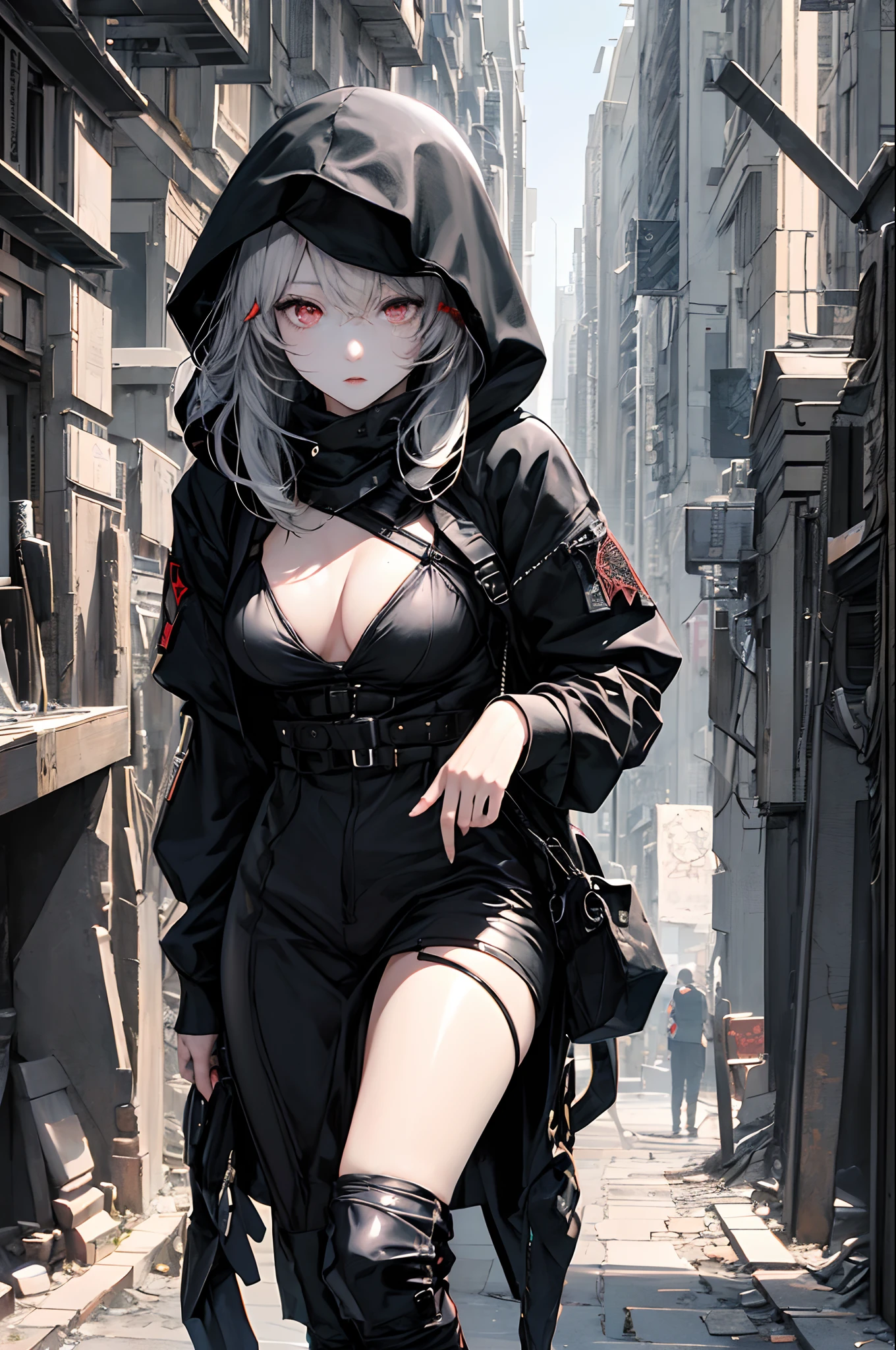 Girl in black hood、NFT Art、marks、pop music、mirai、Hair white、Red eyes、stamp、Kikinuku、Unbalanced、mystical、NFT Synopsis Art、ghoul、