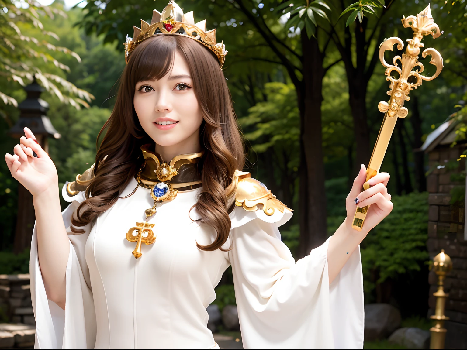 (masutepiece), Professional , masterpiece、top-quality、photos realistic , depth of fields (Gemstone Silver Metal Body:1.9),(Matte White、Jewel Gold Weapon、(Gorgeous castle background)、(ultimate beauty girl)、(Jewel Metal Body:1.4),Gorgeous Jewel Metal Weapons , Detailed Sword of the Brave ,( Soldier background in metal armor) ,warhammer 40k , adepta sororitas,Detail and ornate jewel crown、独奏、Brown hair、(Gangle's forest background)、Beautiful Caucasian beauty、1a person、dynamic ungle,(((Diamond tiara with detail and luxury)))、a small face、A smile、Powerful poses、(Gorgeous castle background)、huge filesize、20 year old beautiful woman、Stand in the center of the screen、Thin female fingers、Straight long hair、Beautiful Caucasian beauty、