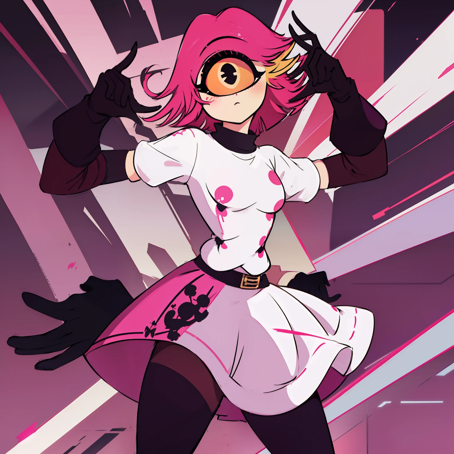 Niffty, 1girl,
(OriginalOutfit), (white shirt, pink skirt, gloves, black tights), cyclops