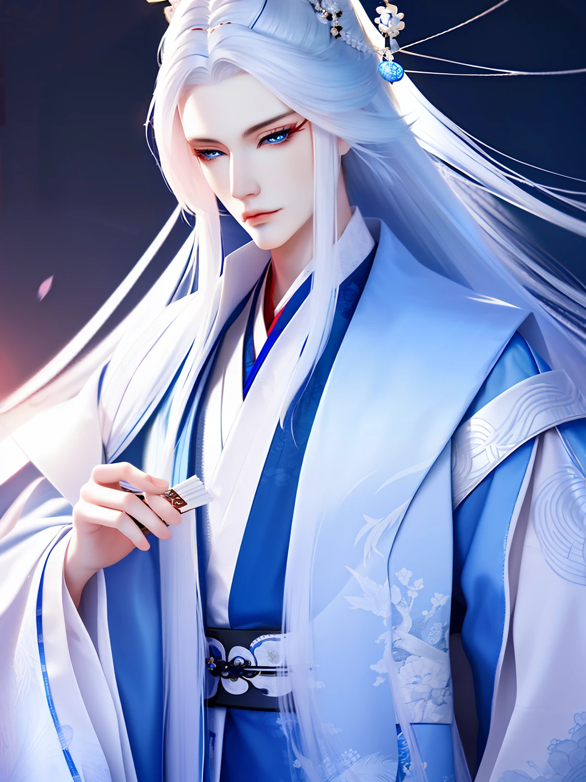 Best Quality, masutepiece, highly detailed wallpaper,Long hair, 1boy, White hair, Solo, Hair Ornament, Blue eyes, chinese clothes, Hand fan, Hanfu, Holding, Long sleeves